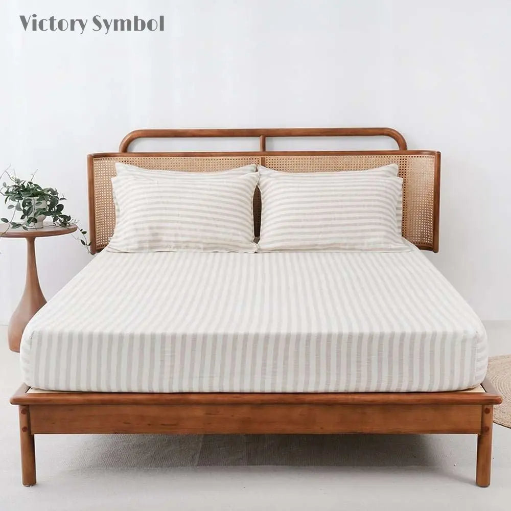 Beige Stripe 100% Organic Linen Yarn Dyed Sheets Set - Victory Symbol
