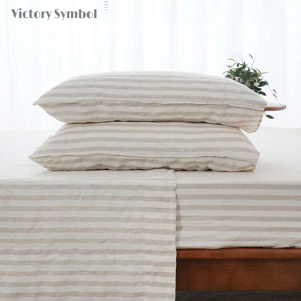 Beige Stripe 100% Organic Linen Yarn Dyed Sheets Set - Victory Symbol