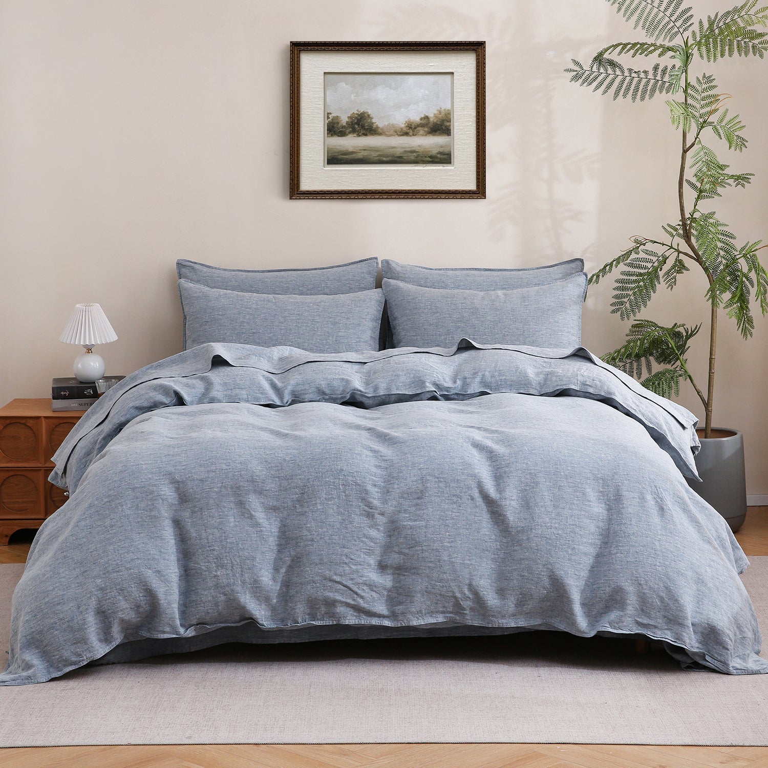 Blue Denim 100% Organic Linen Yarn Dyed Duvet Cover Set-Victory Symbol
