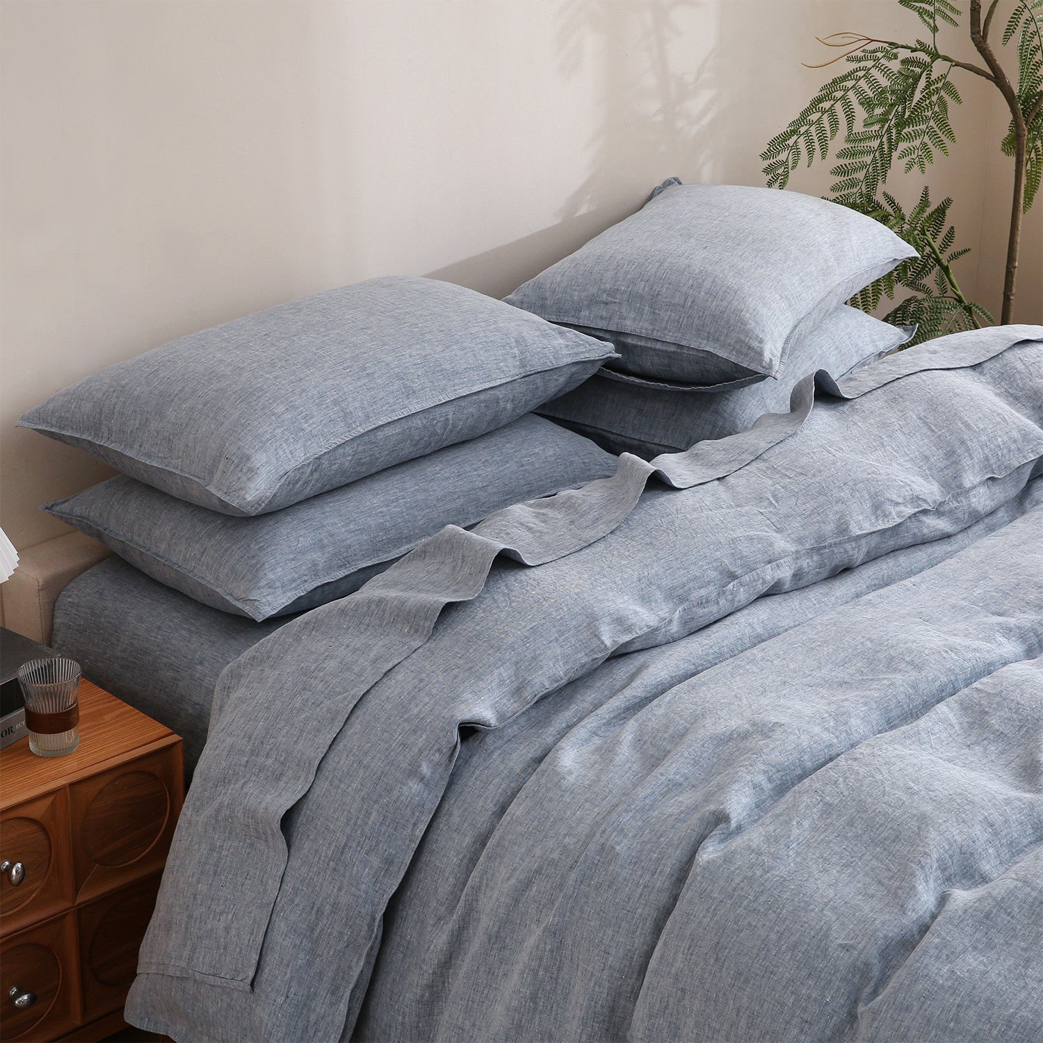 Blue Denim 100% Organic Linen Yarn Dyed Duvet Cover Set-Victory Symbol
