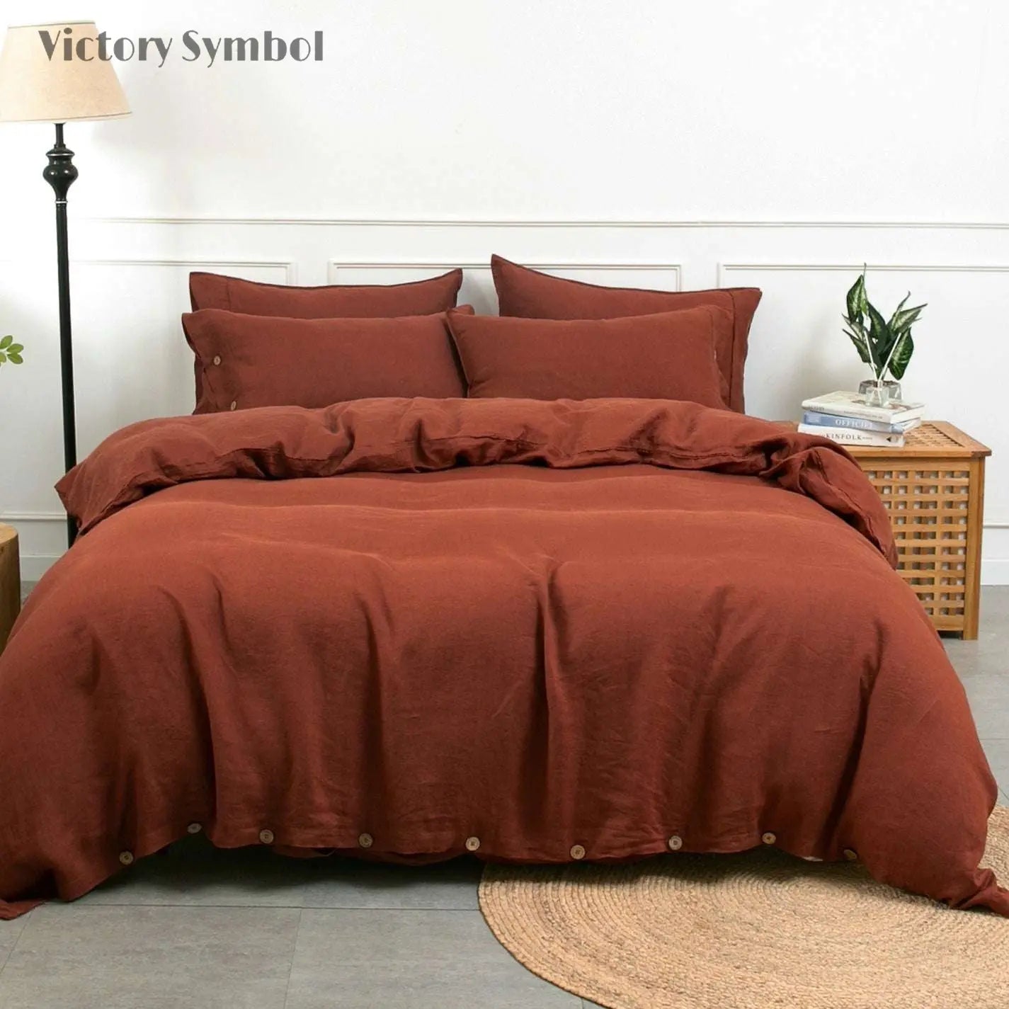 Burgundy 100% Organic Linen Duvet Cover Set - Victory Symbol
