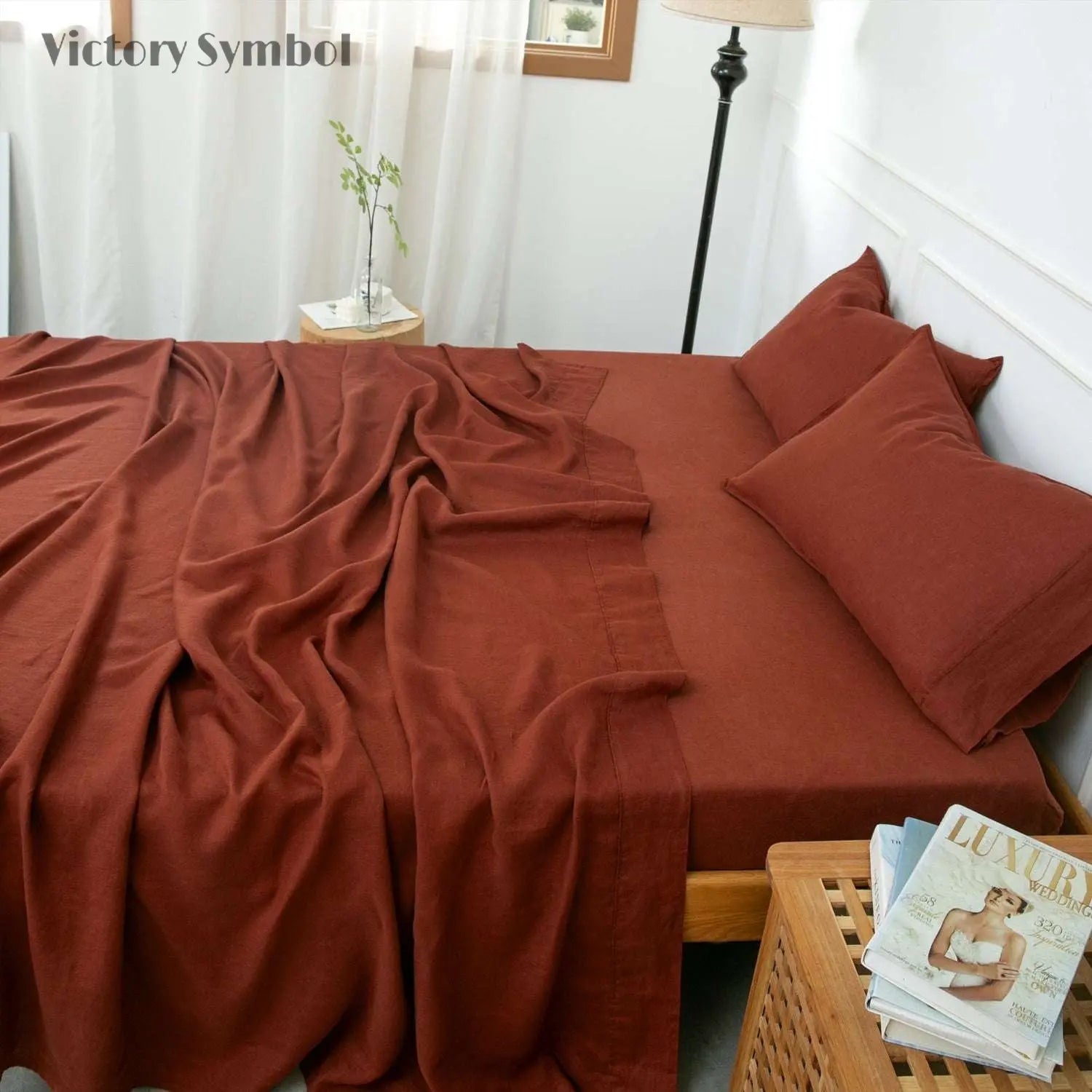 Burgundy 100% Organic Linen Flat Sheet-victory symbol