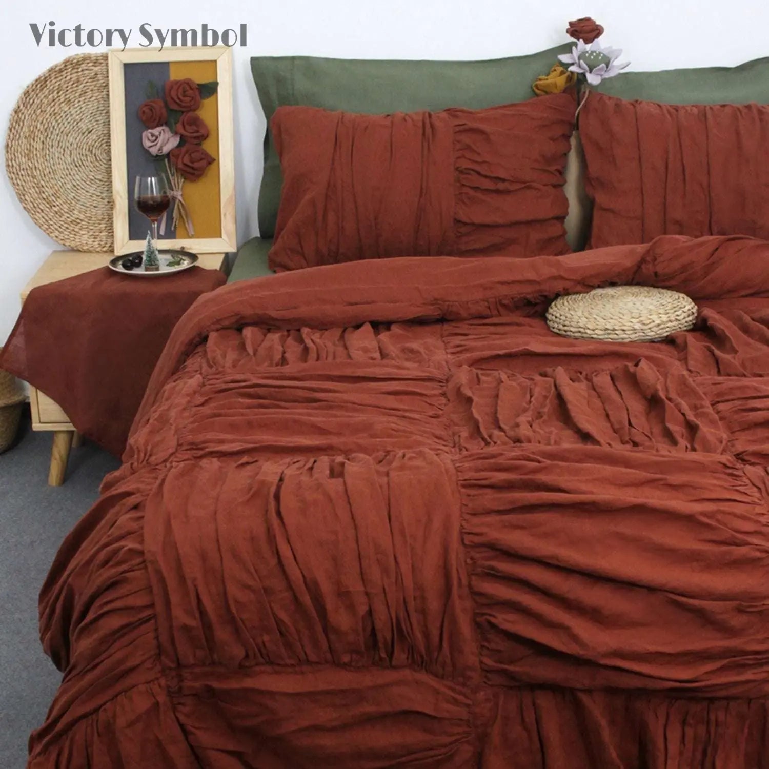 Burgundy Luxury Pinch Pleat 100% Organic Linen Duvet Cover Set - Victory Symbol