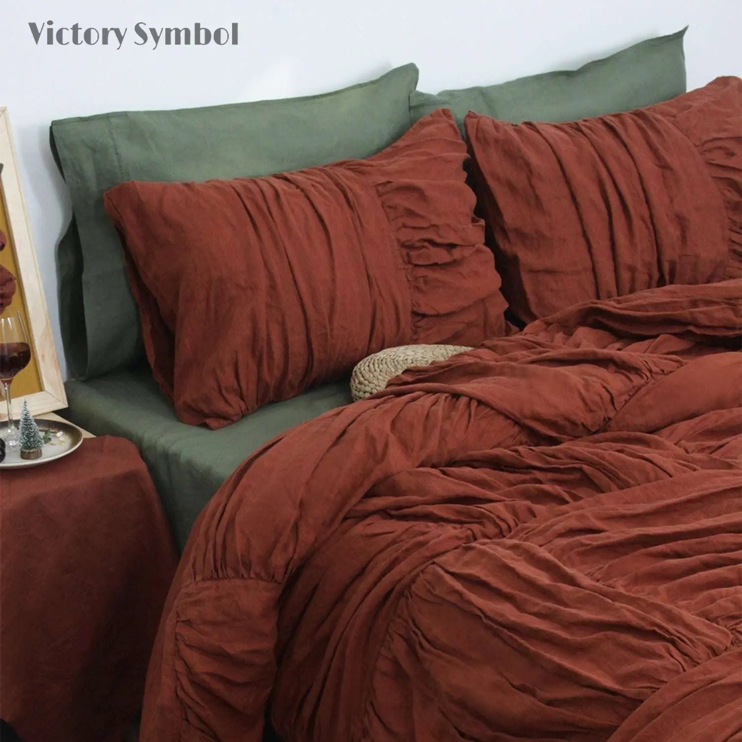 Burgundy Luxury Pinch Pleat 100% Organic Linen Duvet Cover Set - Victory Symbol