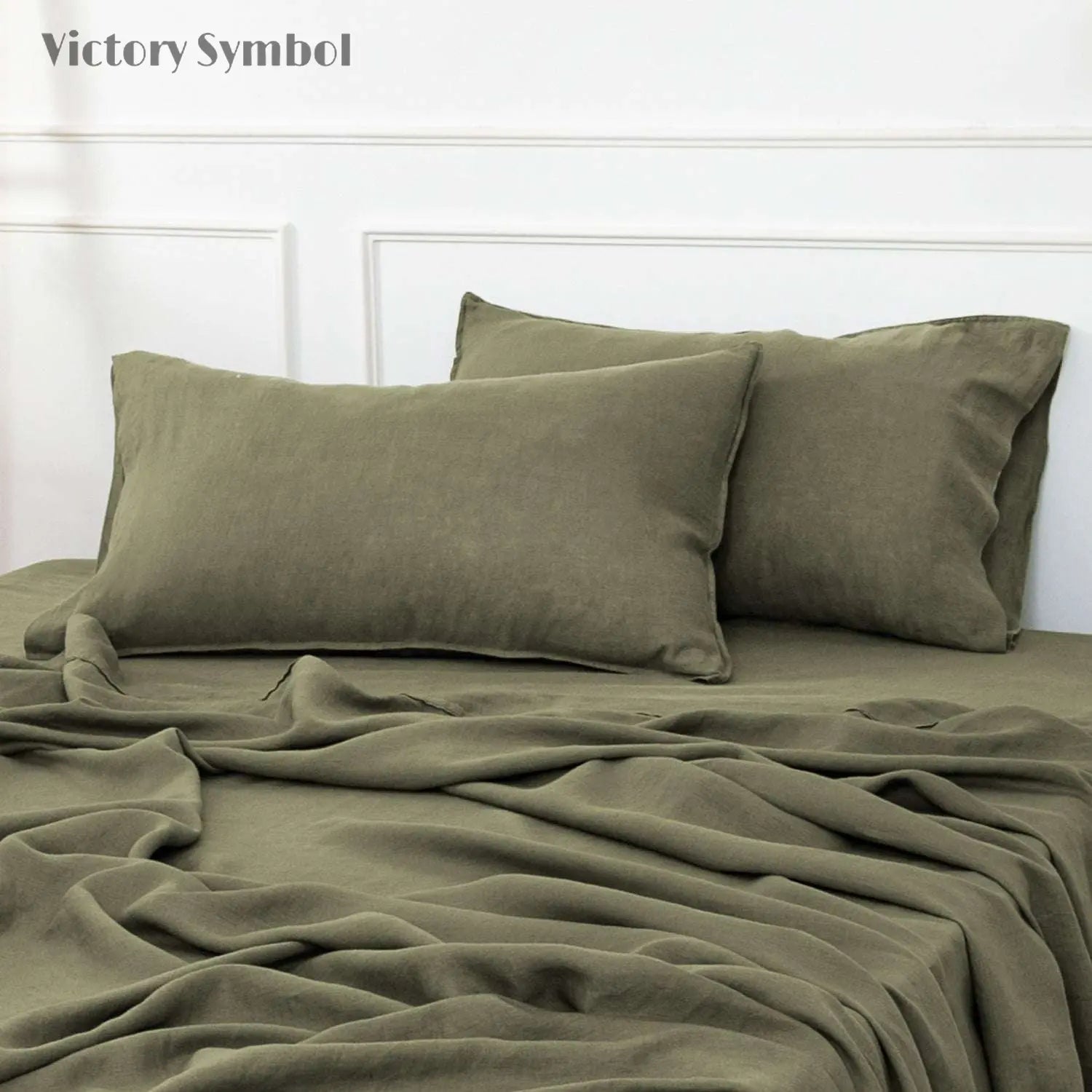 Burnt Olive 100% Organic Linen Pillowcases - Victory Symbol