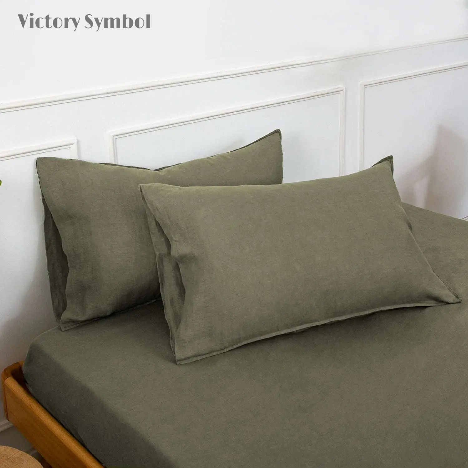 Burnt Olive 100% Organic Linen Pillowcases - Victory Symbol