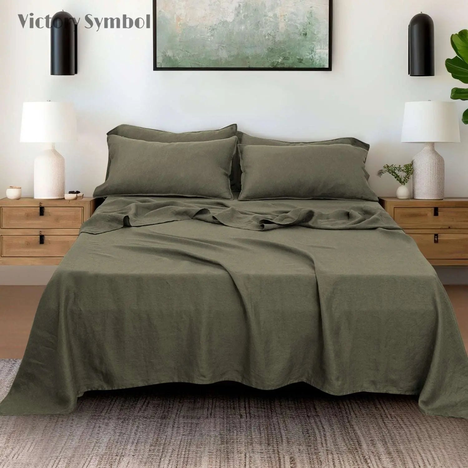 Burnt Olive 100% Organic Linen Sheets Set - Victory Symbol