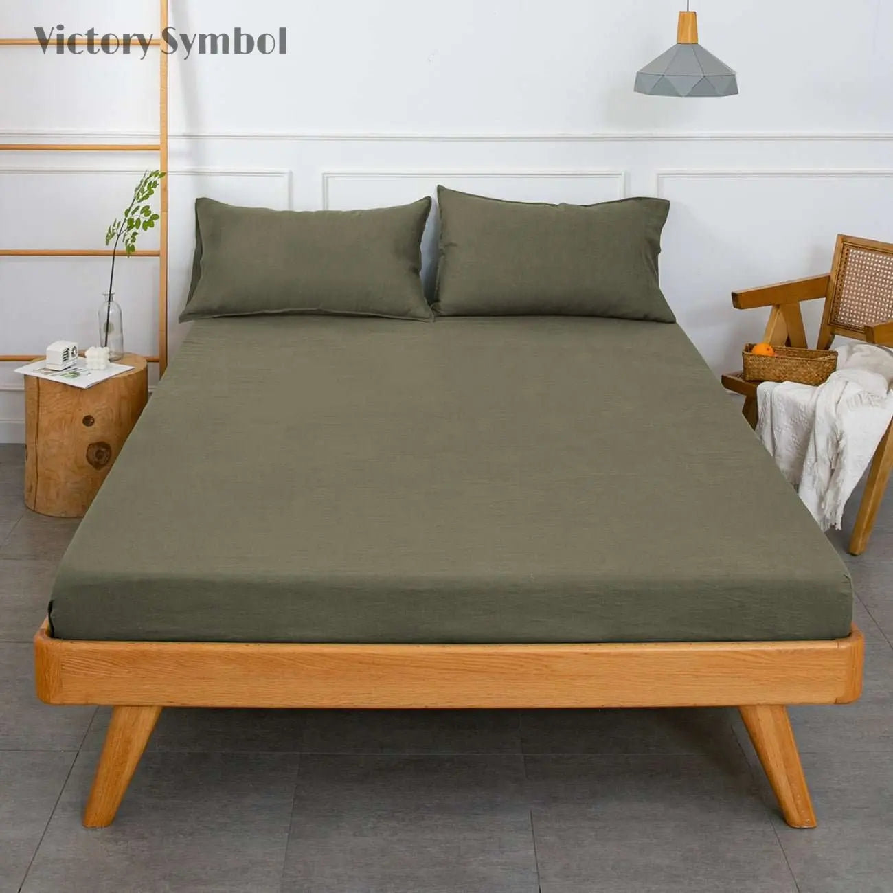 Burnt Olive 100% Organic Linen Sheets Set - Victory Symbol