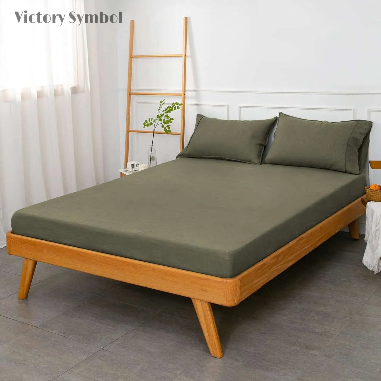 Burnt Olive 100% Organic Linen Sheets Set - Victory Symbol