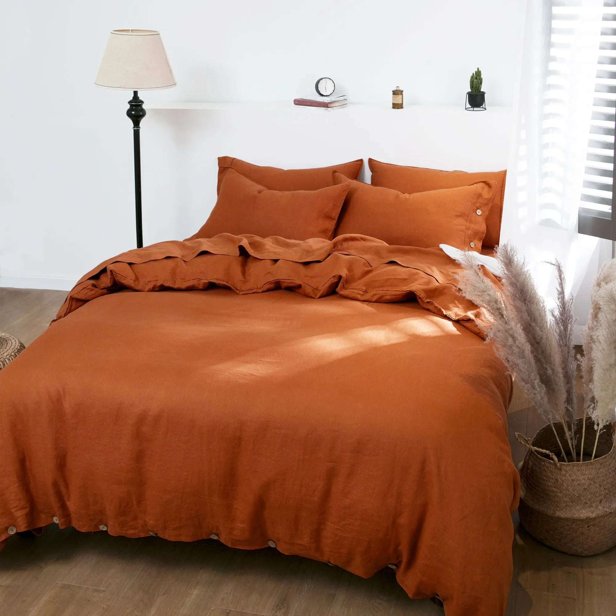 Caramel 100% Organic Linen Duvet Cover Set With Coconut Button Closure.