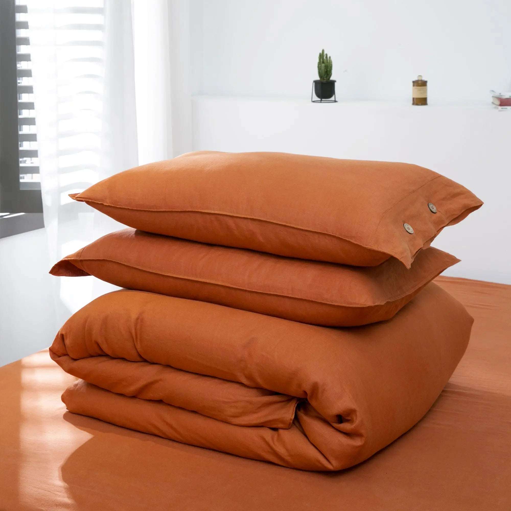 Caramel 100% Organic Linen Duvet Cover Set With Coconut Button Closure.