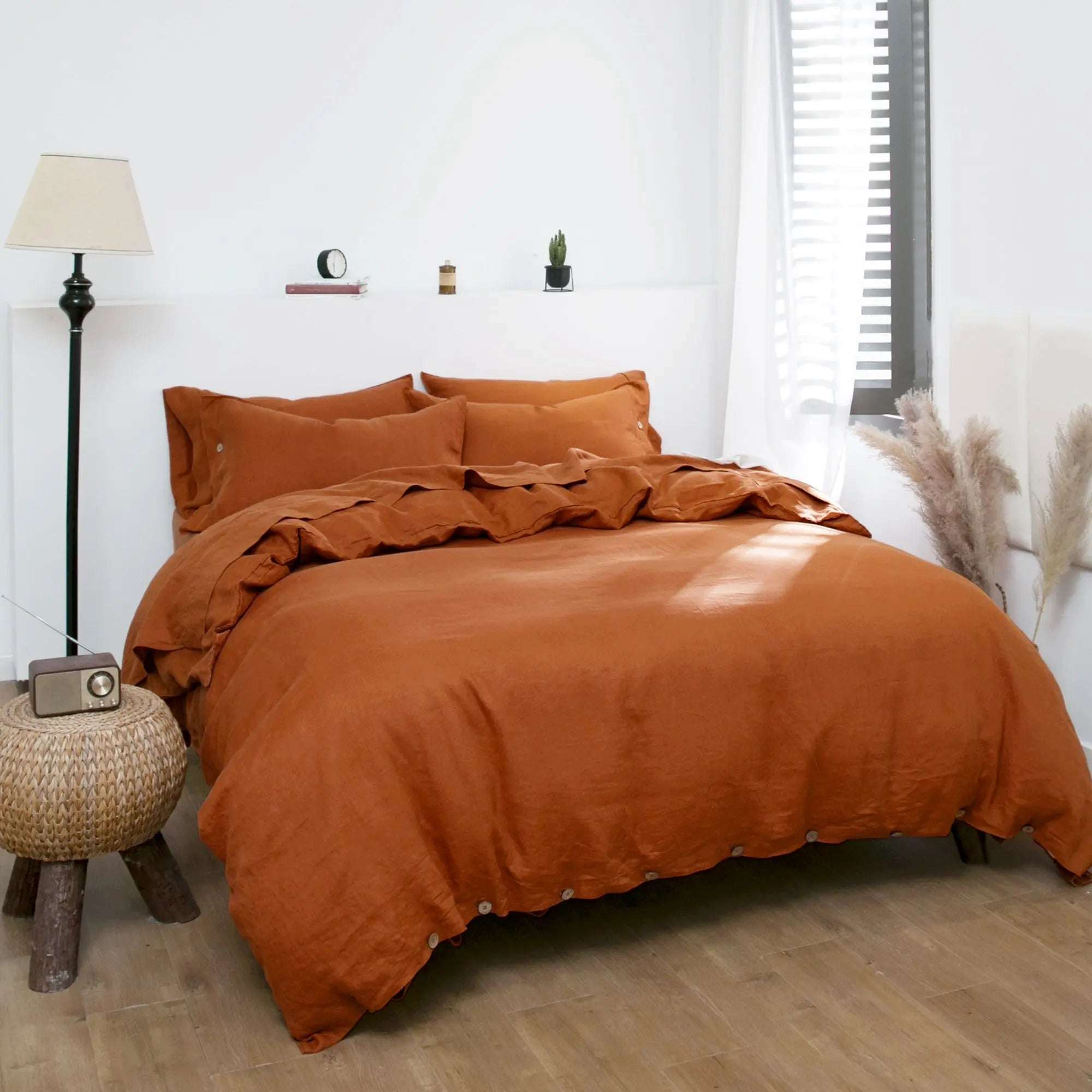 Caramel 100% Organic Linen Duvet Cover Set With Coconut Button Closure.