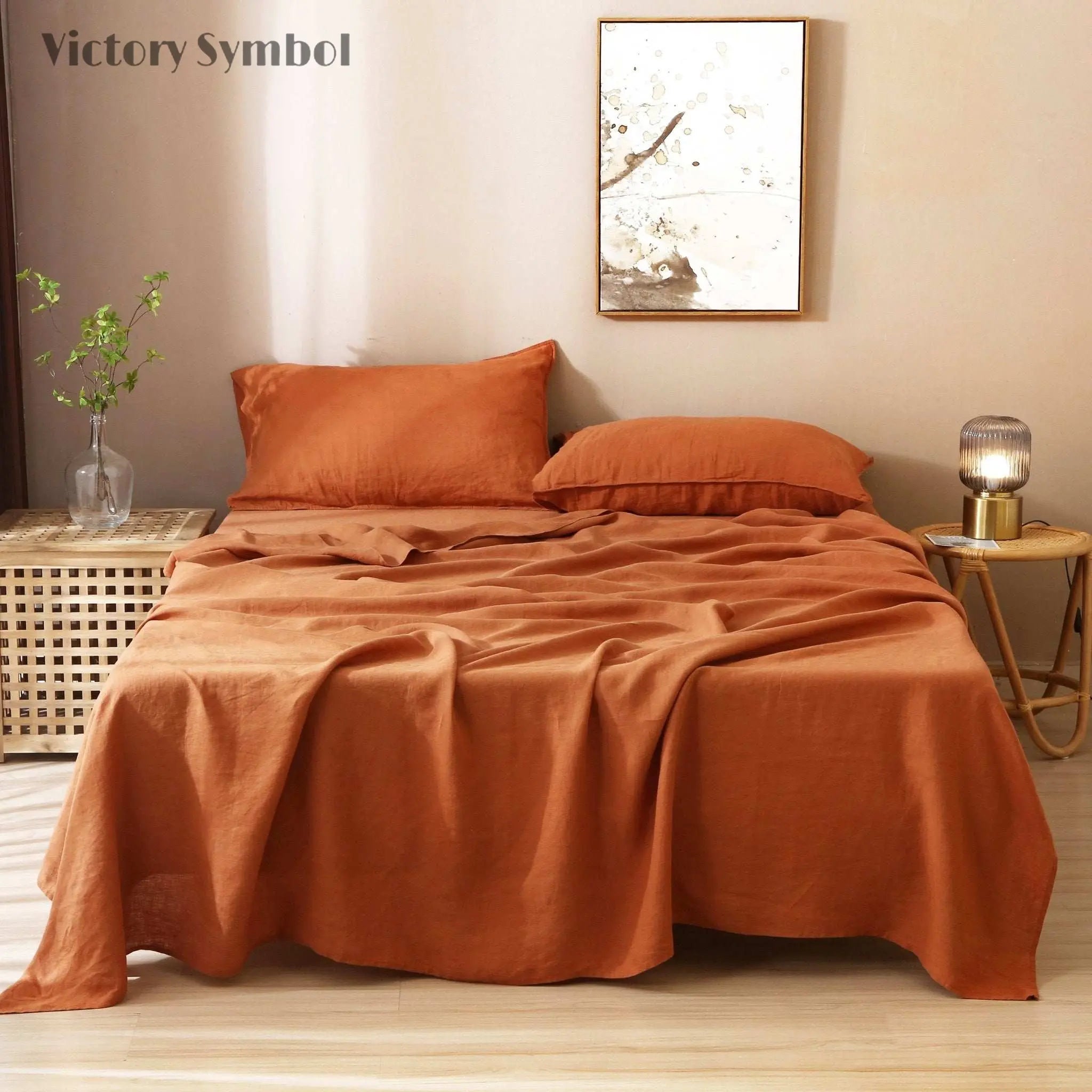 Caramel 100% Organic Linen Flat Sheet - Victory Symbol