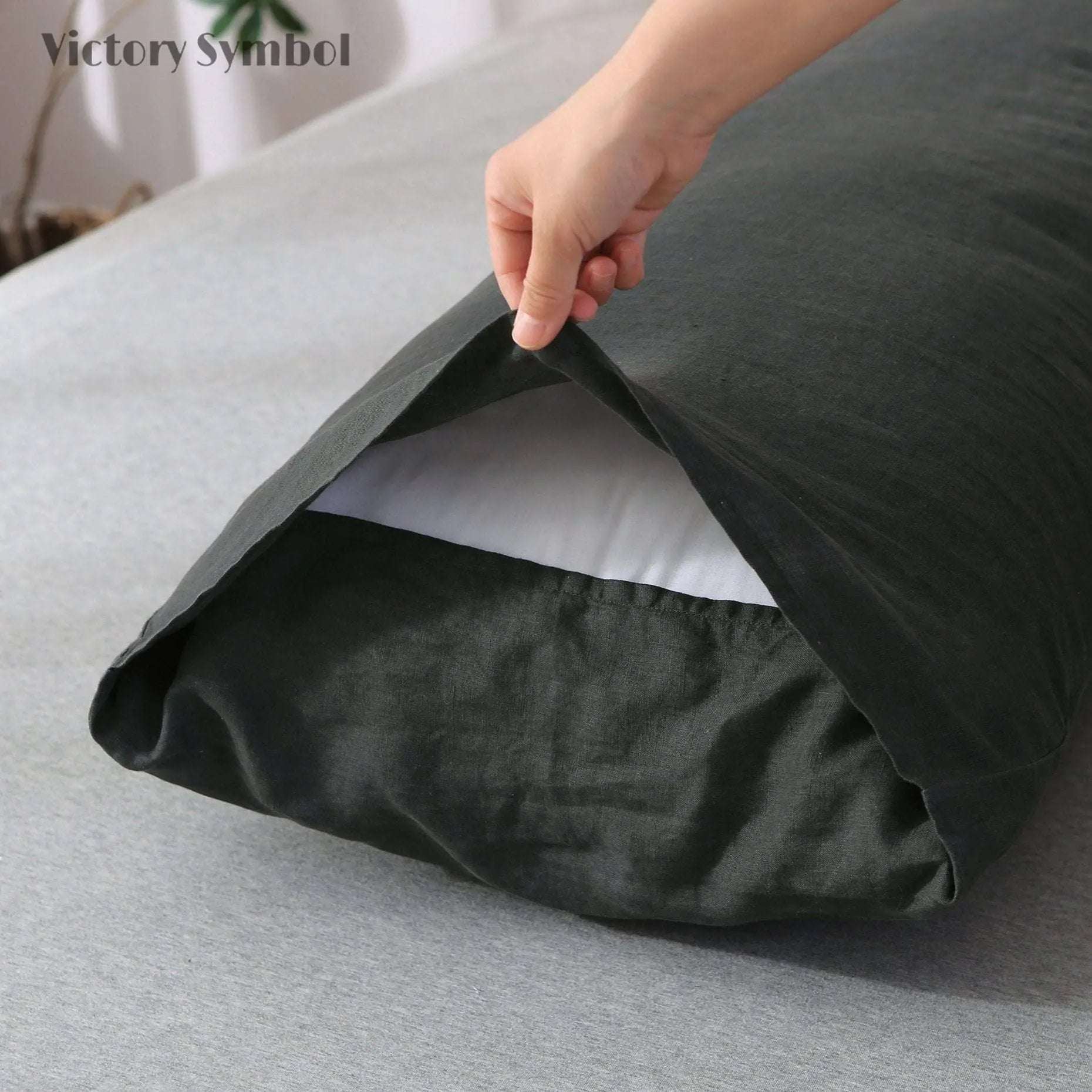 Charcoal Black 100% Organic Linen Body Pillowcase - Victory Symbol