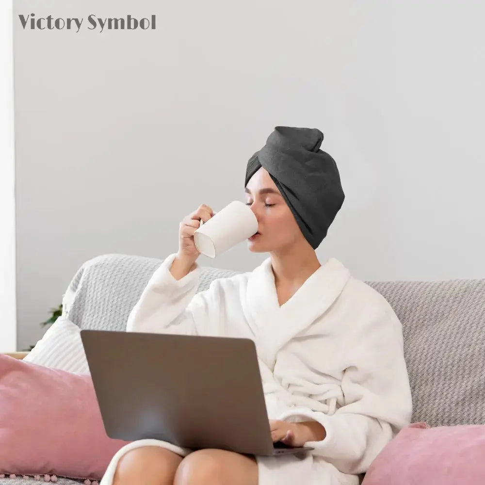 Charcoal Black + White 100% Organic French Linen 2 - Pack Hair Towel Wrap - Victory Symbol