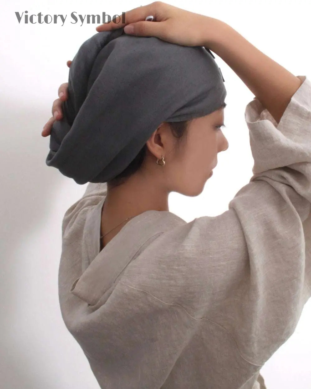 Charcoal Black + White 100% Organic French Linen 2 - Pack Hair Towel Wrap - Victory Symbol