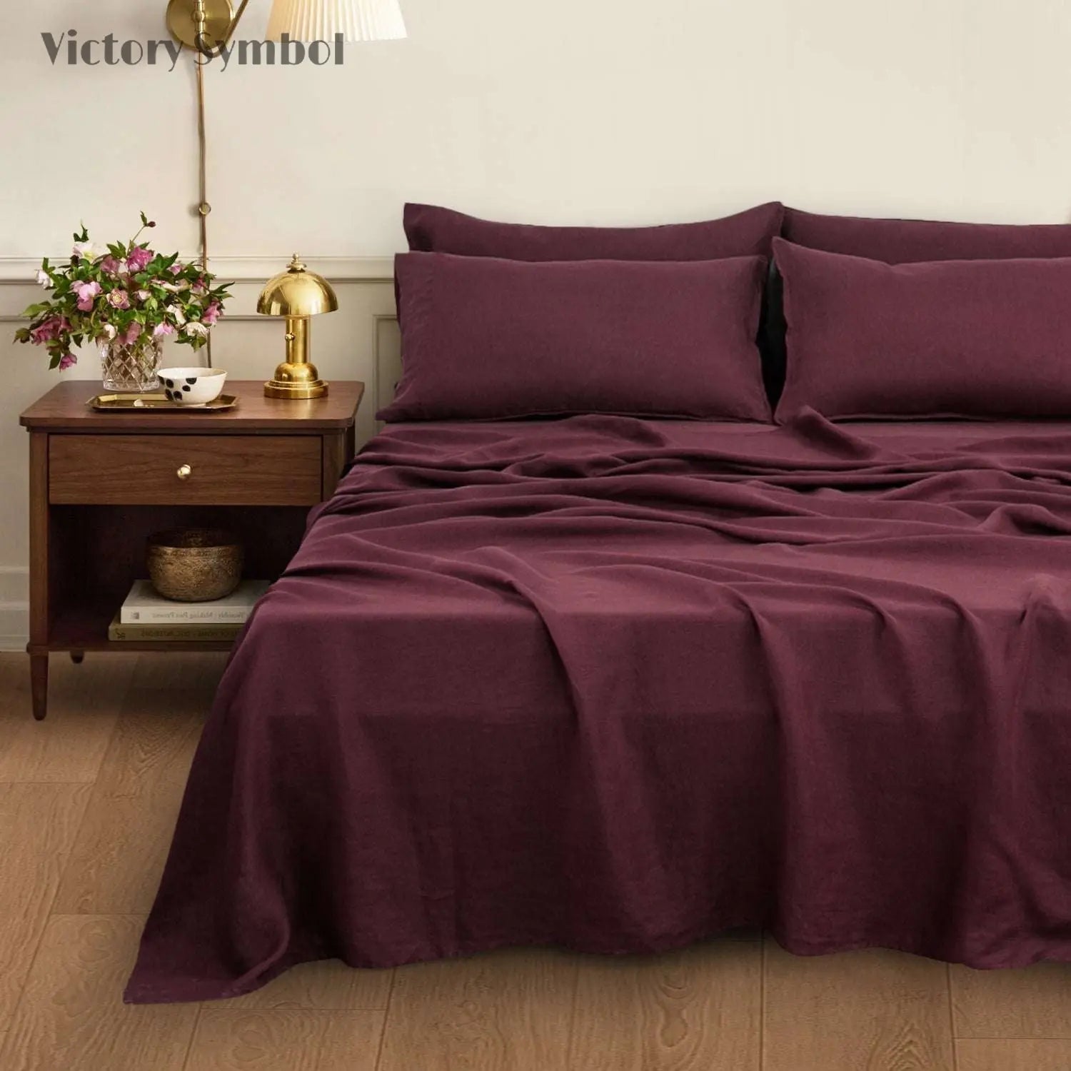 Claret Red 100% Organic Linen Flat Sheet - Victory Symbol