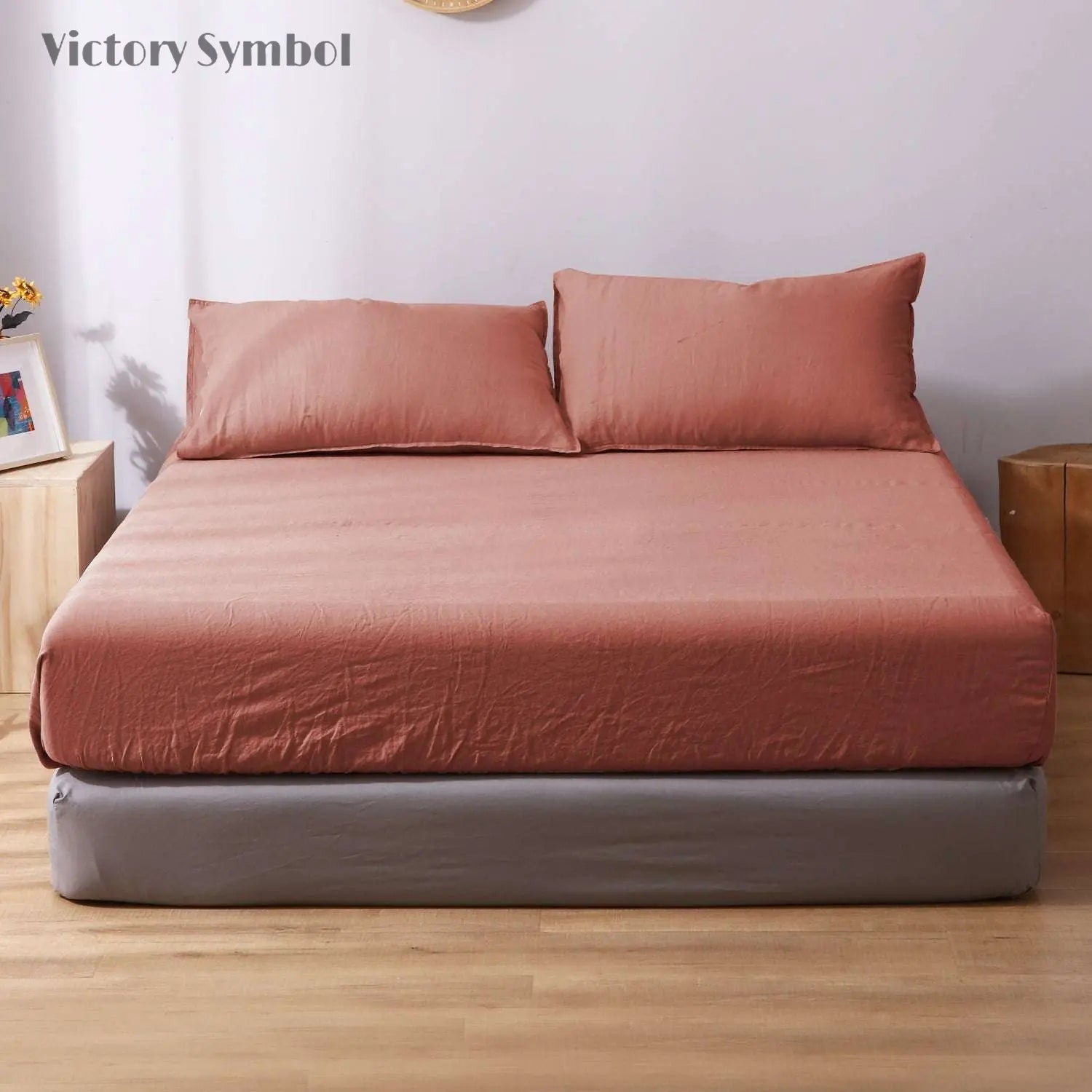 Clay Red 100% Organic Linen Fitted Sheet - Victory Symbol