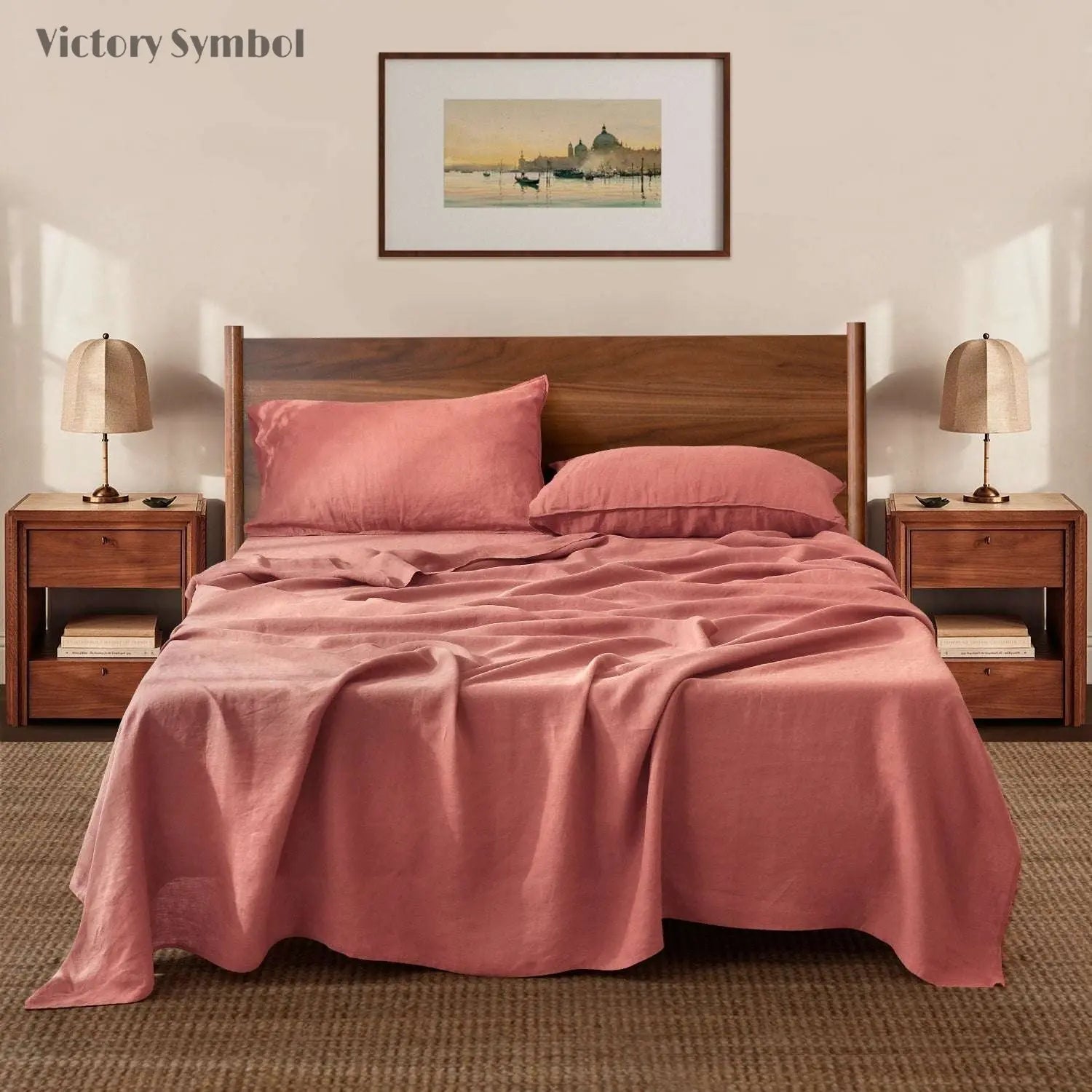 Clay Red 100% Organic Linen Flat Sheet - Victory Symbol