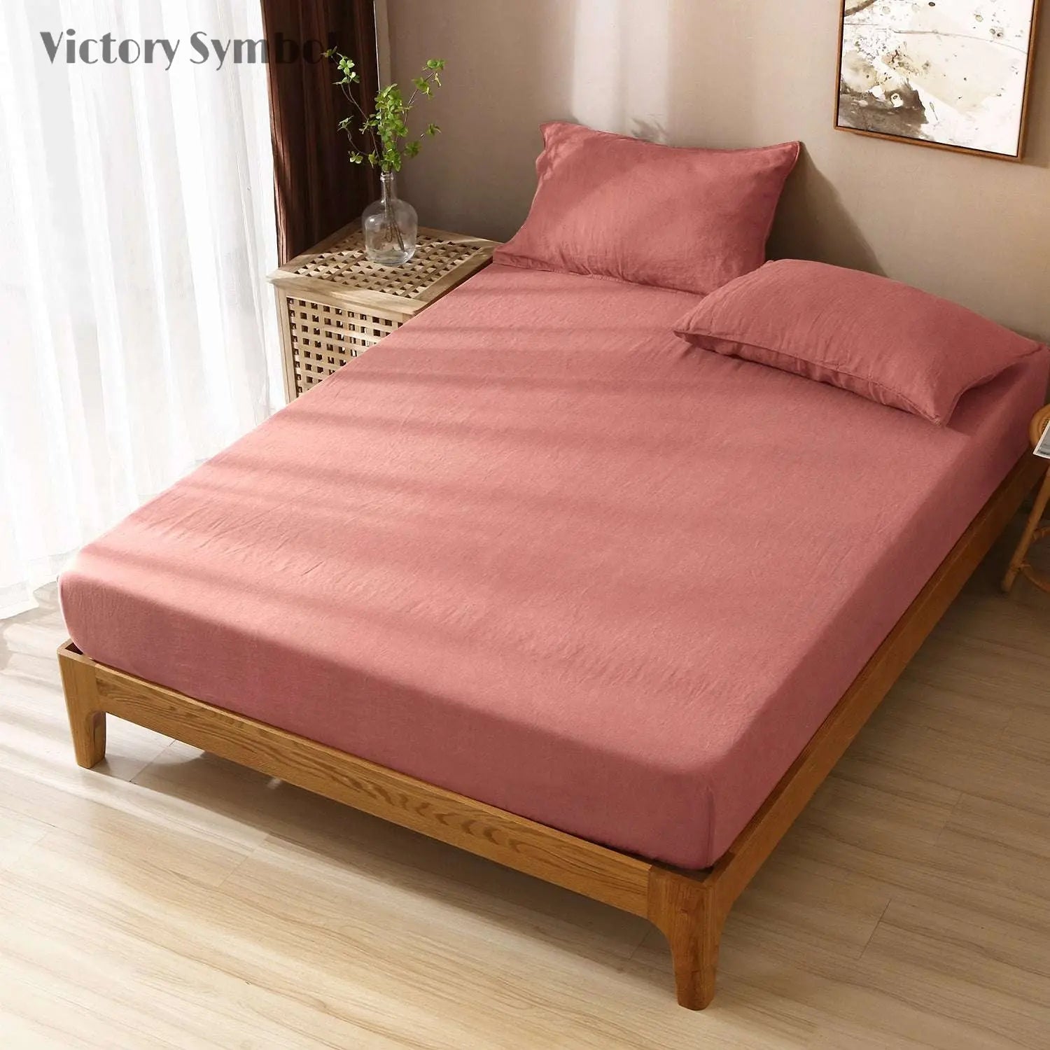 Clay Red 100% Organic Linen Sheets Set - Victory Symbol