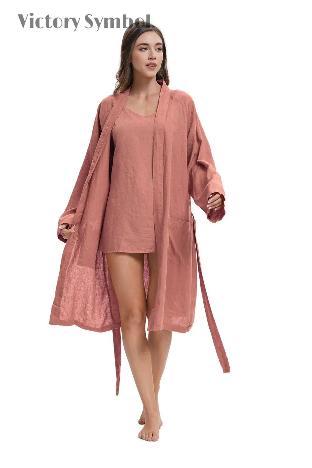 Clay Red 100% Organic Linen Women's V - Neck Robes - Victory Symbol