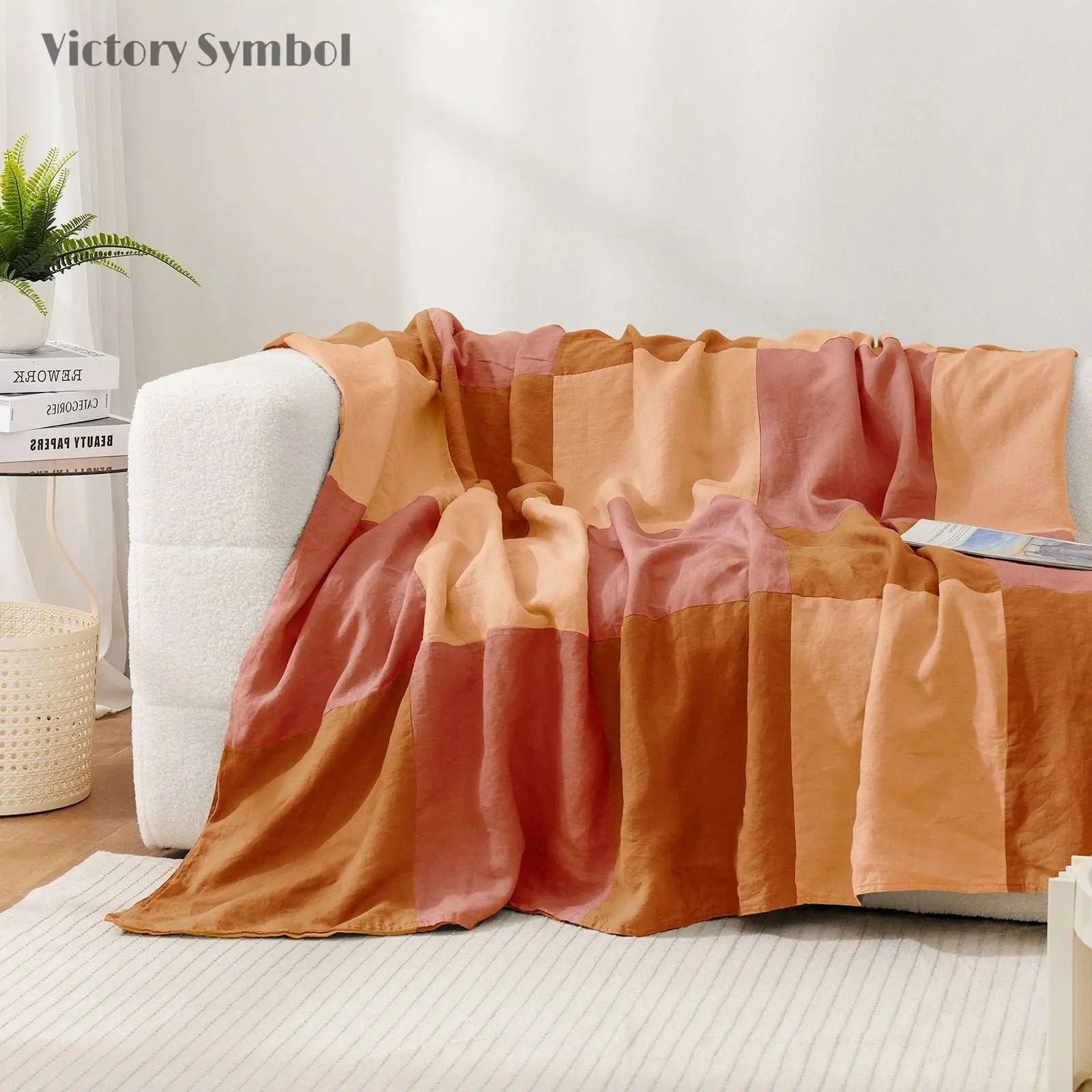 Clay Red Colorblock 100% Organic Linen Plaid Blanket & Throw - Victory Symbol