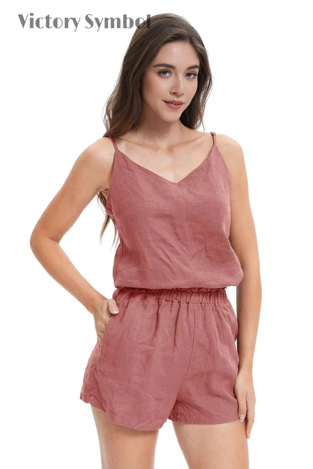 Clay Red Women's Linen Camisole Tank Top V - Neck Loose Casual Adjustable Strap - Victory Symbol