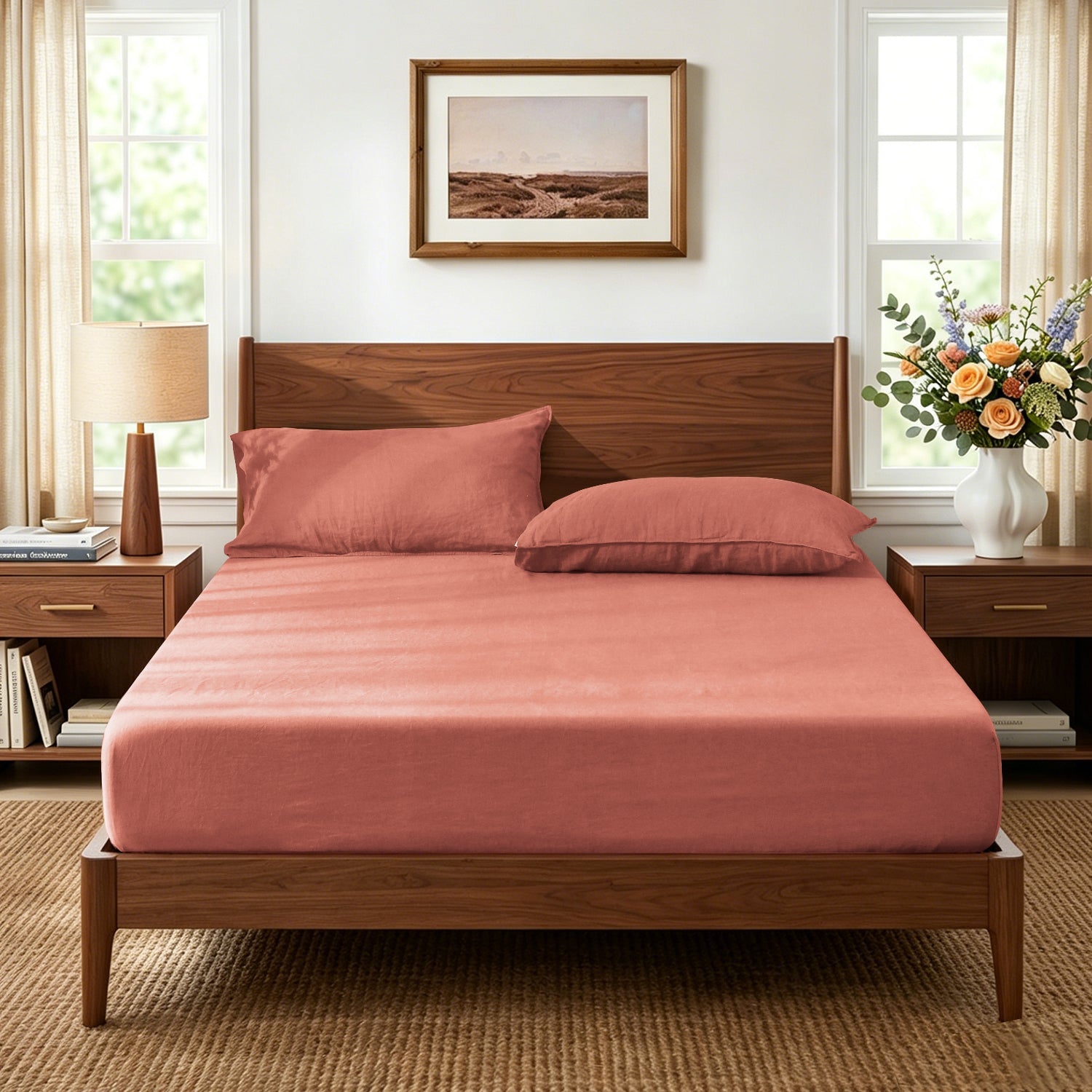 Clay Red 100% Organic Linen Fitted Sheet-Victory Symbol