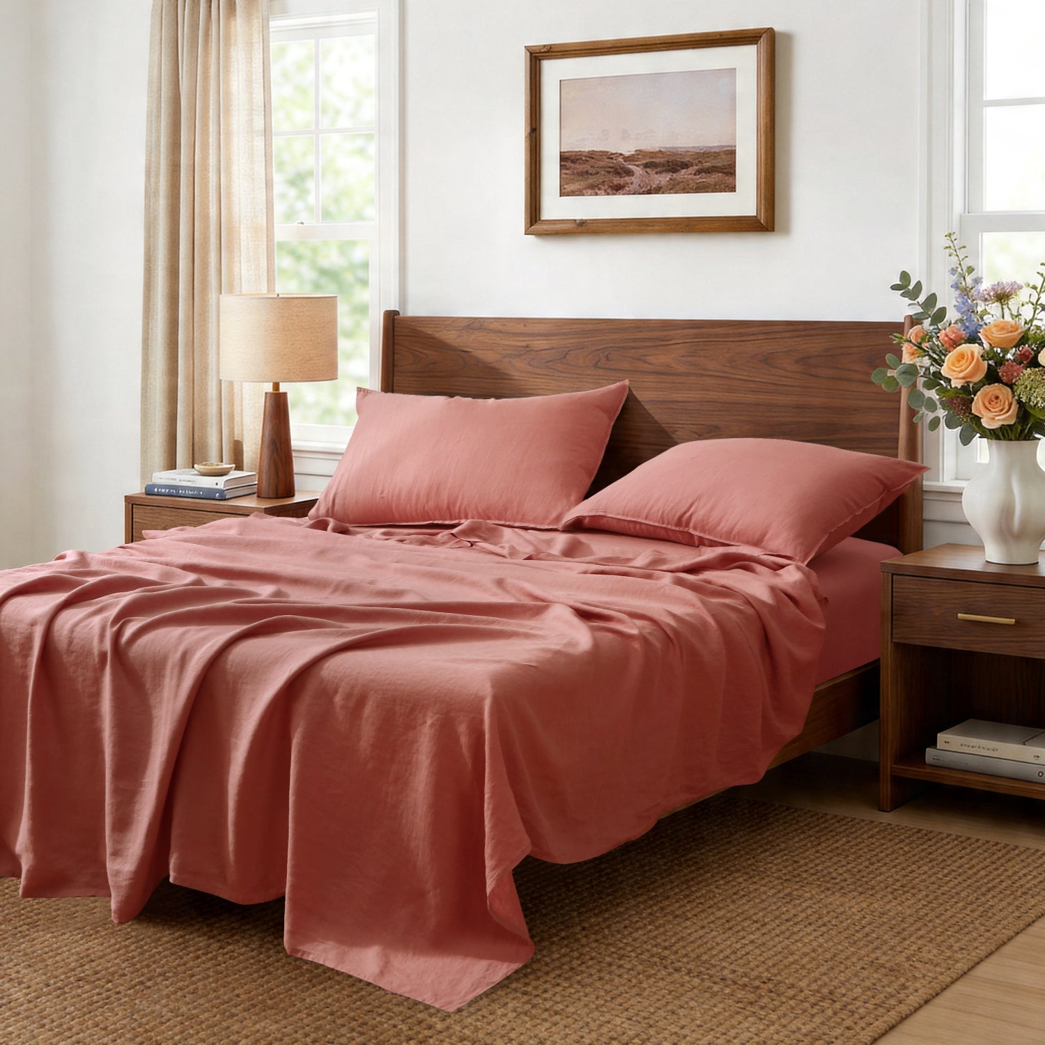 Clay Red 100% Organic Linen Sheets Set-Victory Symbol