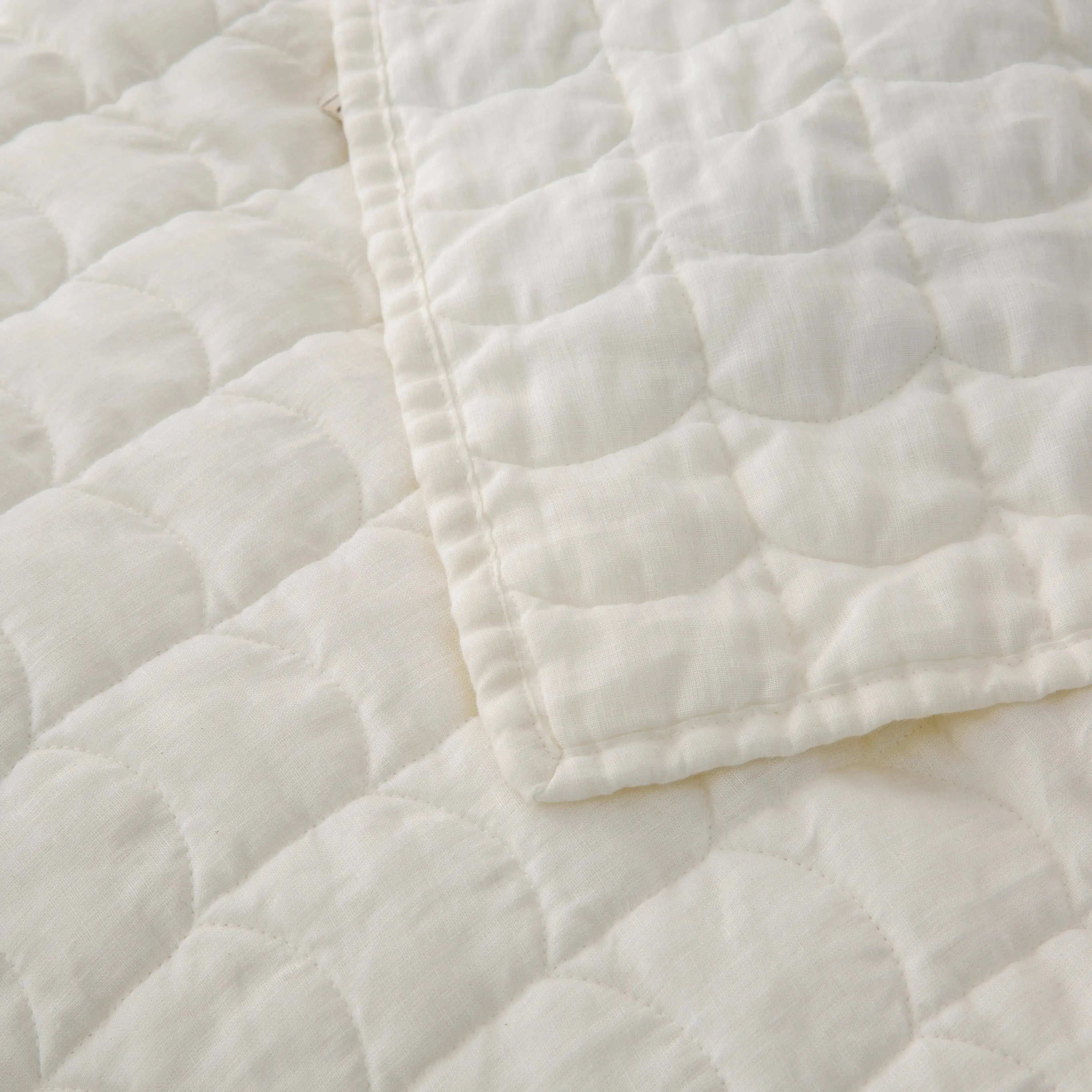 Creamy White 100% Organic Linen Quilt Set with tile pattern - Victory Symbol