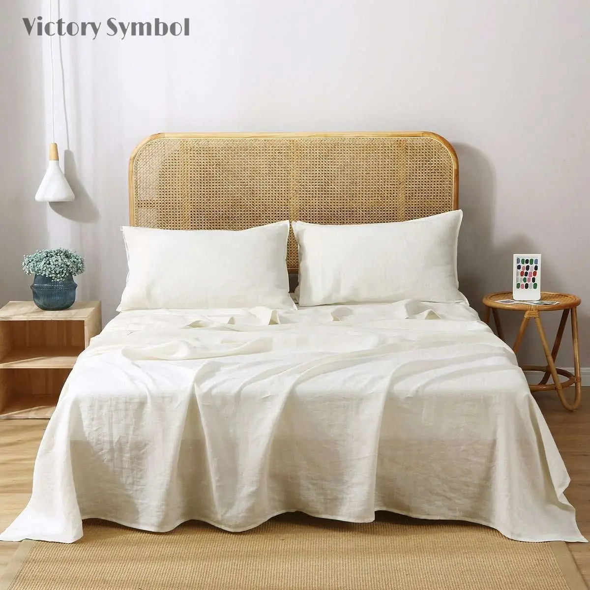 Creamy White 100% Organic Linen Flat Sheet - Victory Symbol