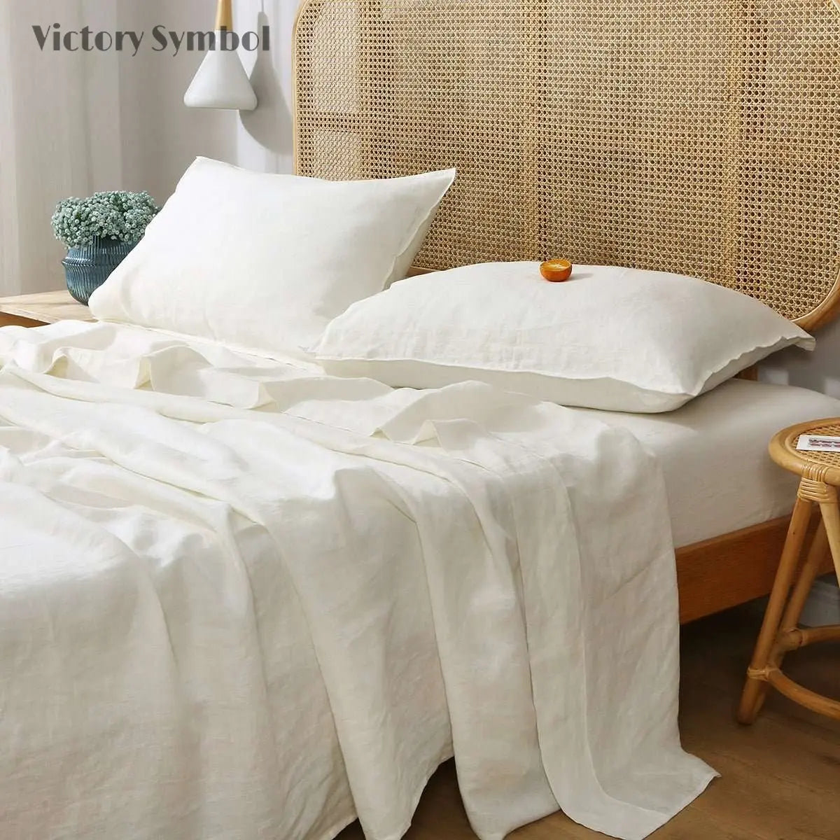 Creamy White 100% Organic Linen Flat Sheet - Victory Symbol