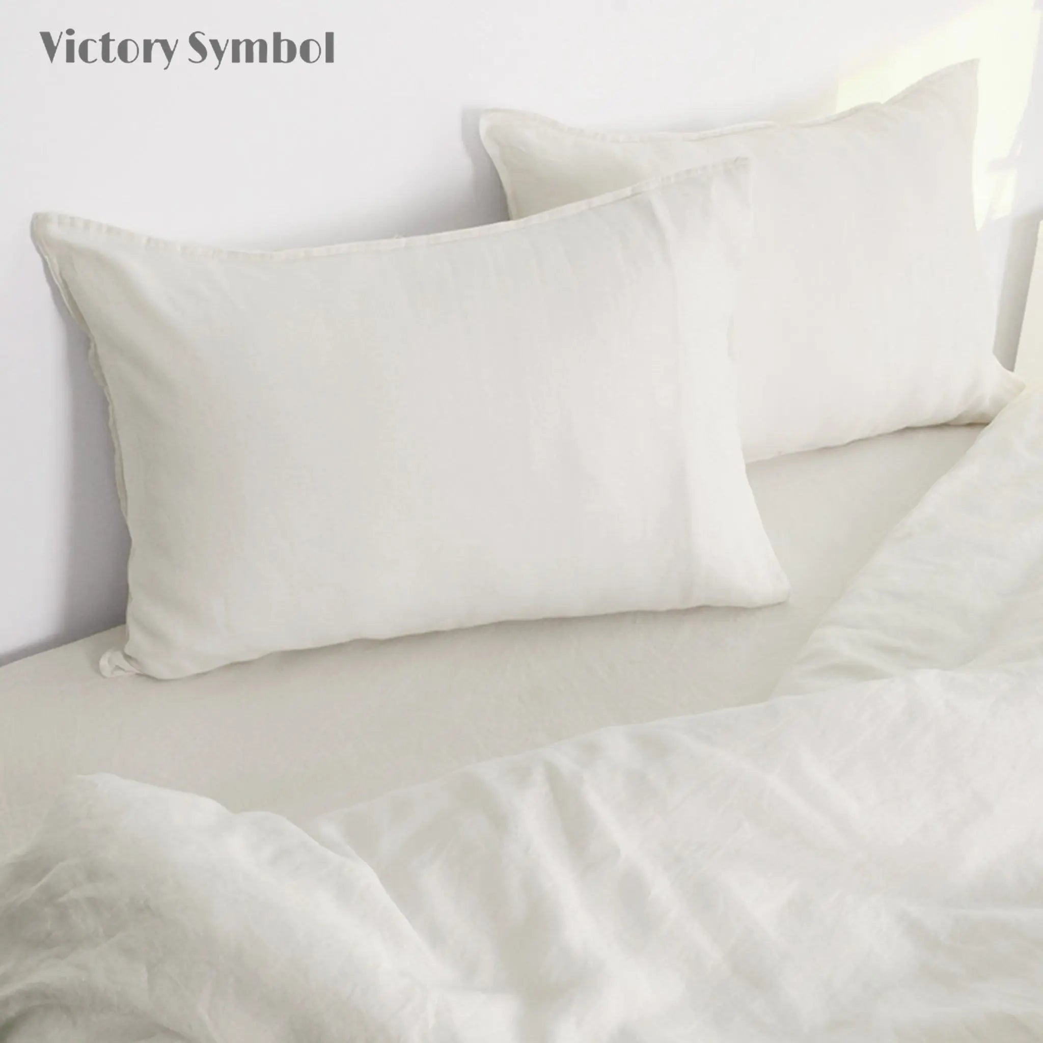 Creamy White 100% Organic Linen Pillowcases - Victory Symbol