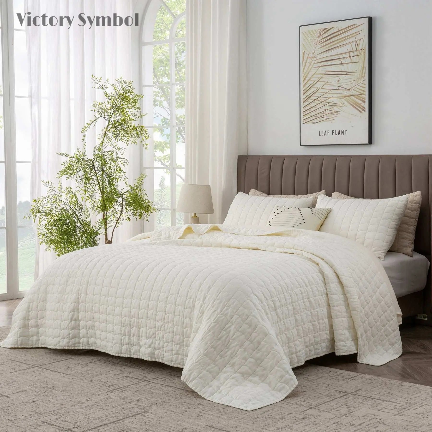 Creamy White 100% Organic Linen Quilt Set with tile pattern - Victory Symbol
