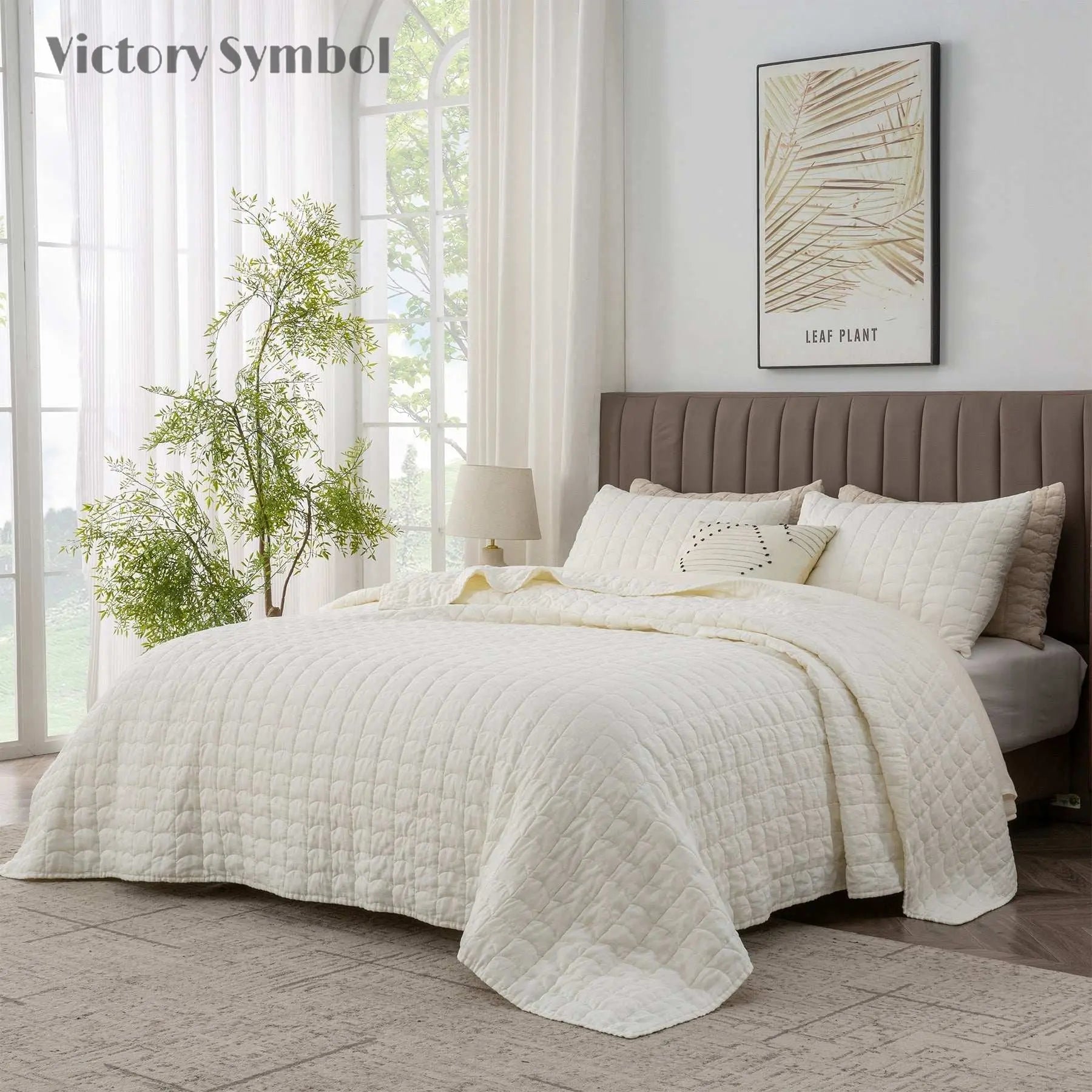 Creamy White 100% Organic Linen Quilt Set With Tile Pattern - Victory Symbol