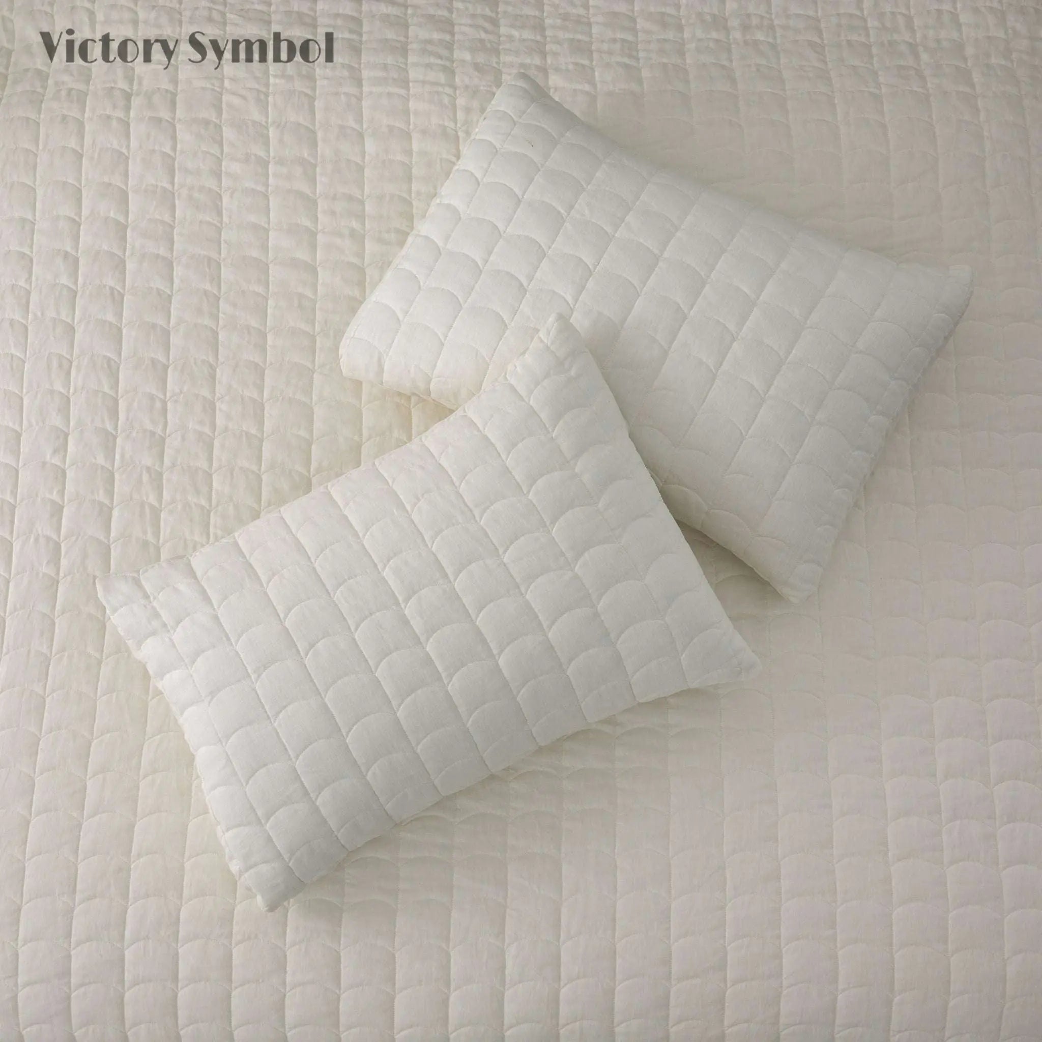 Creamy White 100% Organic Linen Quilt Set with tile pattern - Victory Symbol