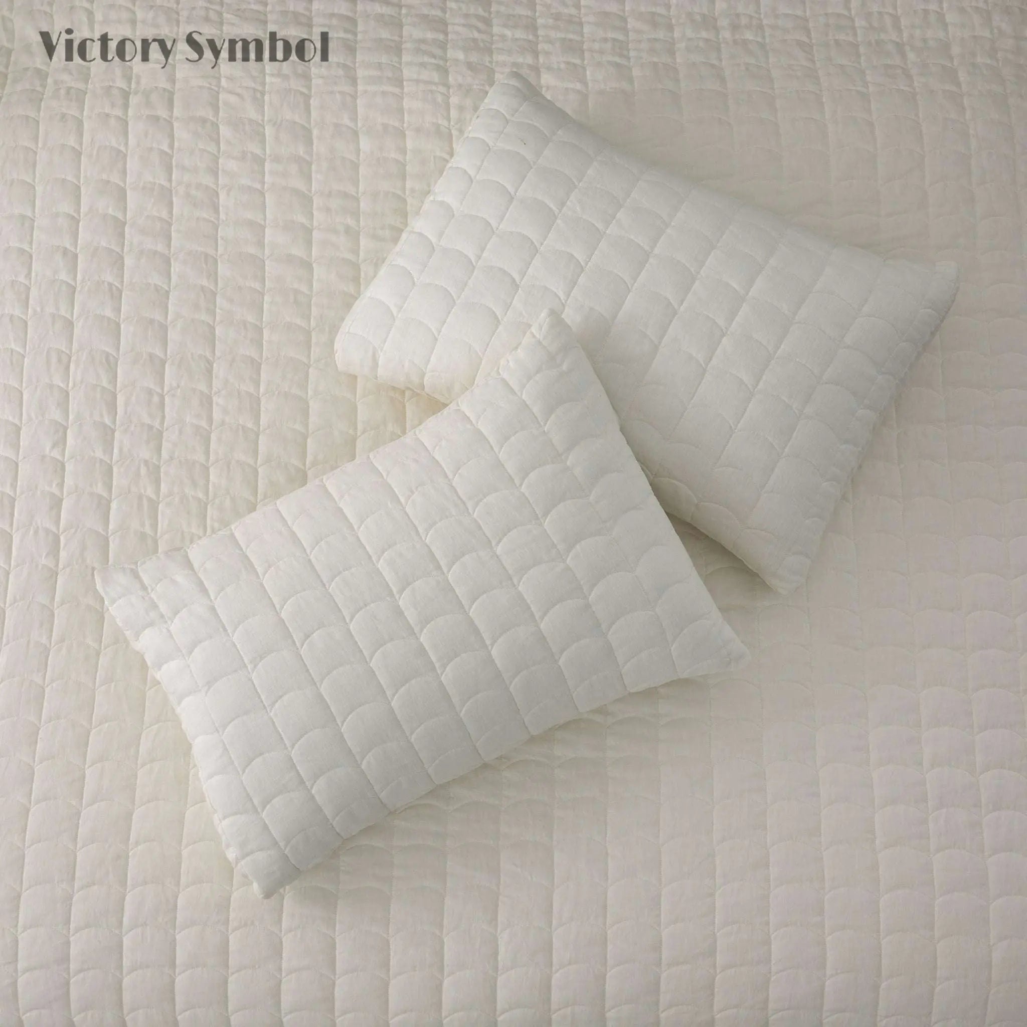 Creamy White 100% Organic Linen Quilt Set With Tile Pattern - Victory Symbol
