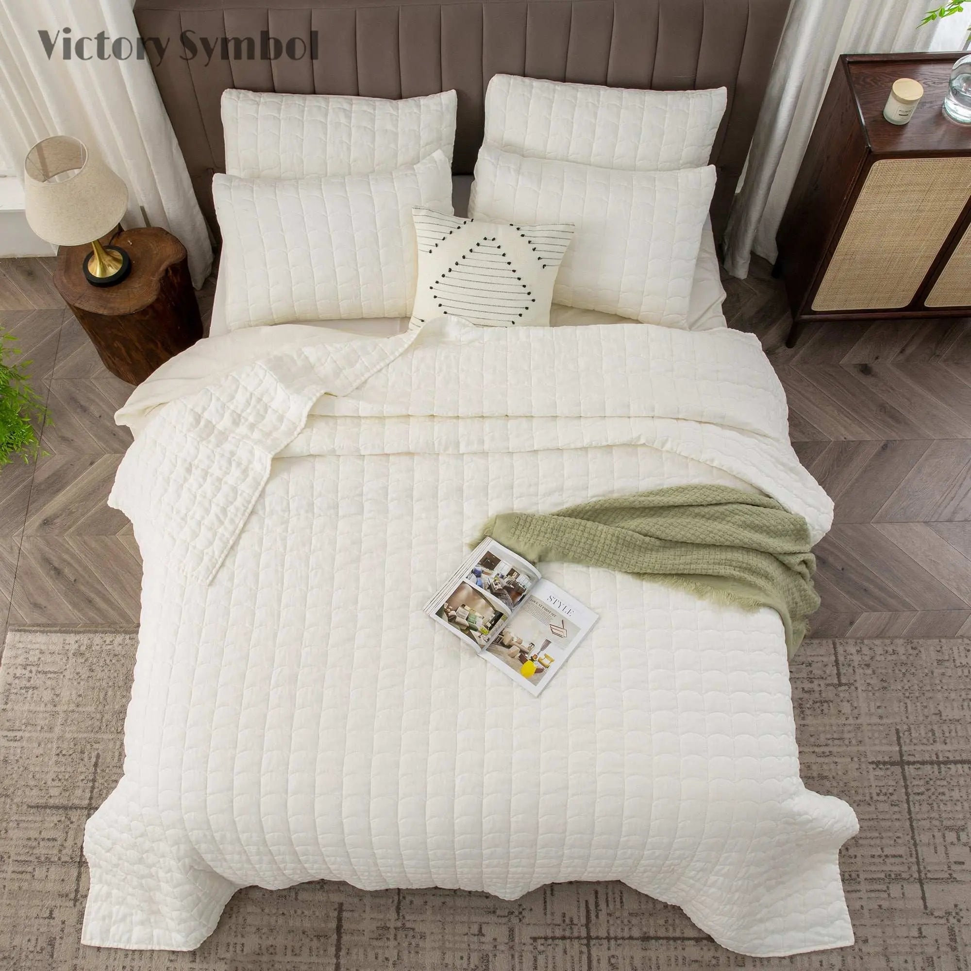 Creamy White 100% Organic Linen Quilt Set With Tile Pattern - Victory Symbol