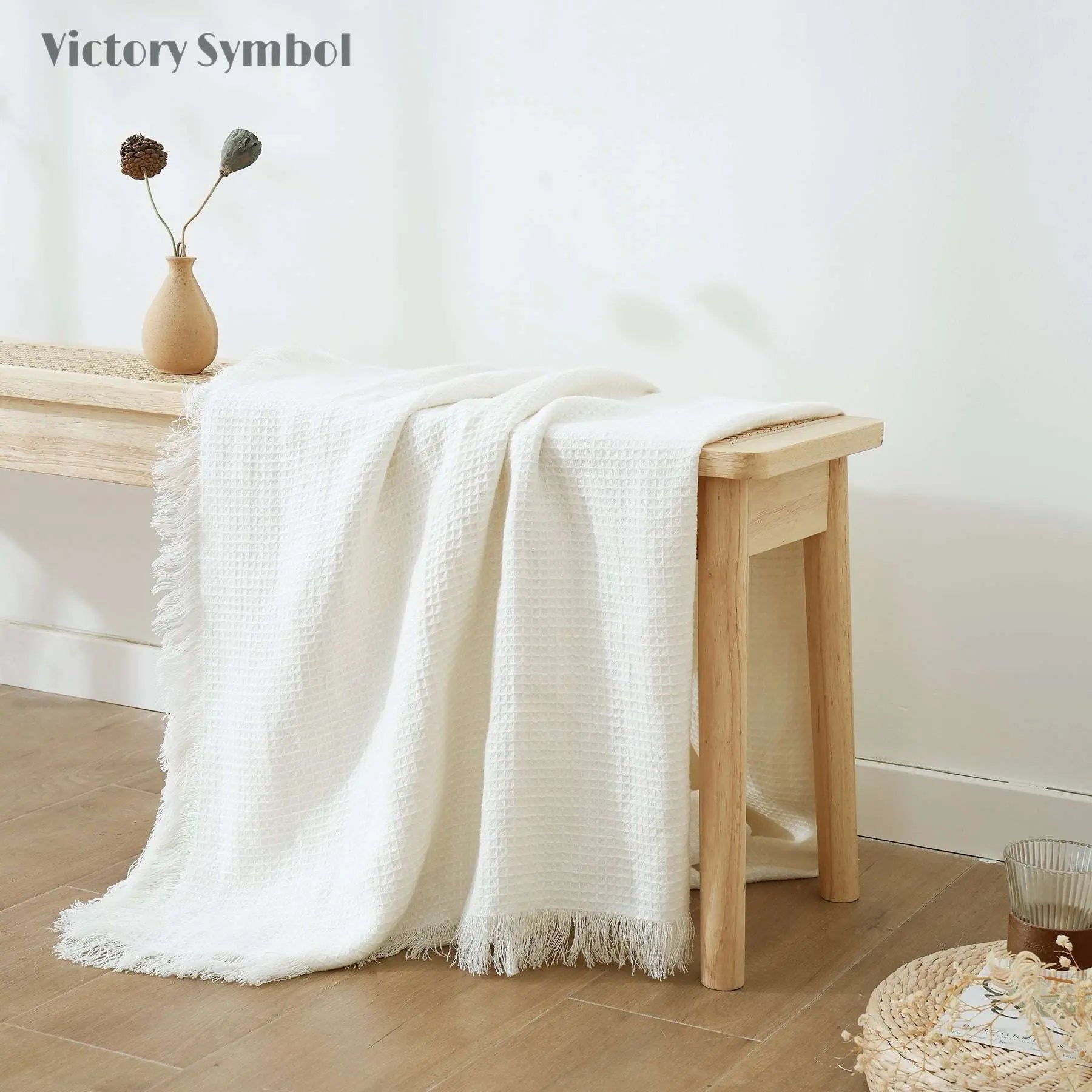 Creamy White 100% Organic Linen Waffle Plaid Blanket & Throw with Raw Edge - Victory Symbol