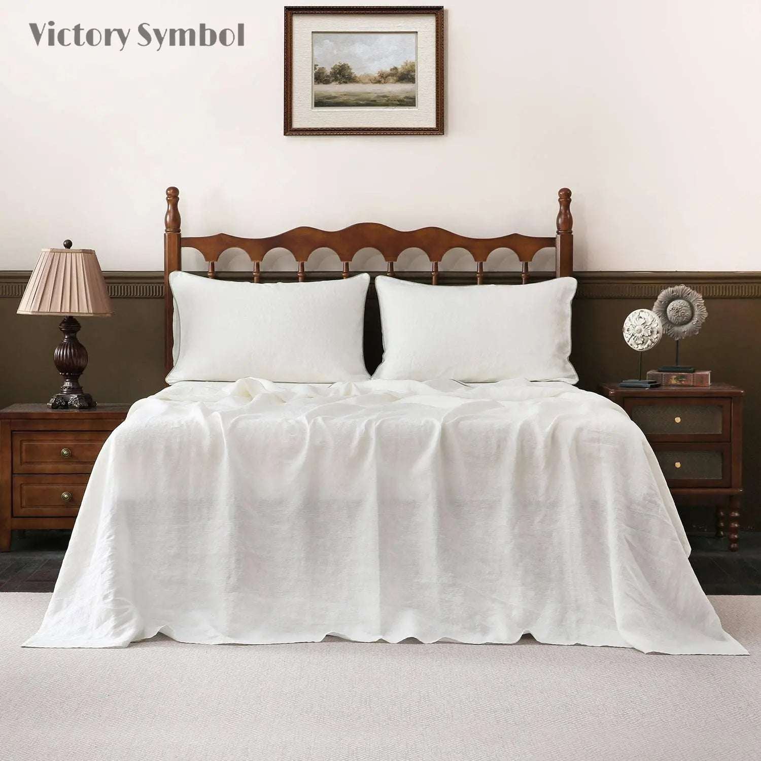 Creamy White With Mint Green Piping 100% Organic Linen Sheets Set - Victory Symbol