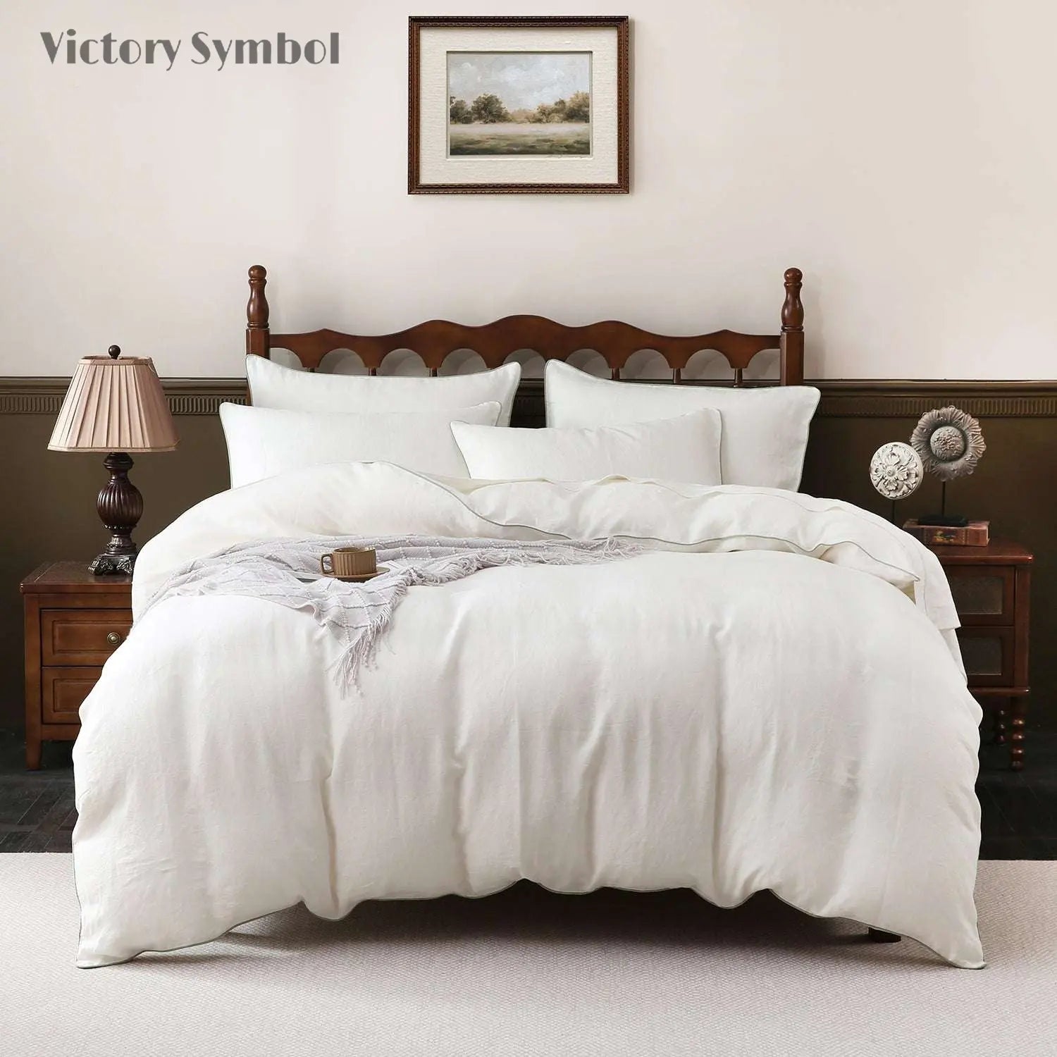 Creamy White With Mint Green Piping 100% Organic Linen Duvet Cover Set - Victory Symbol
