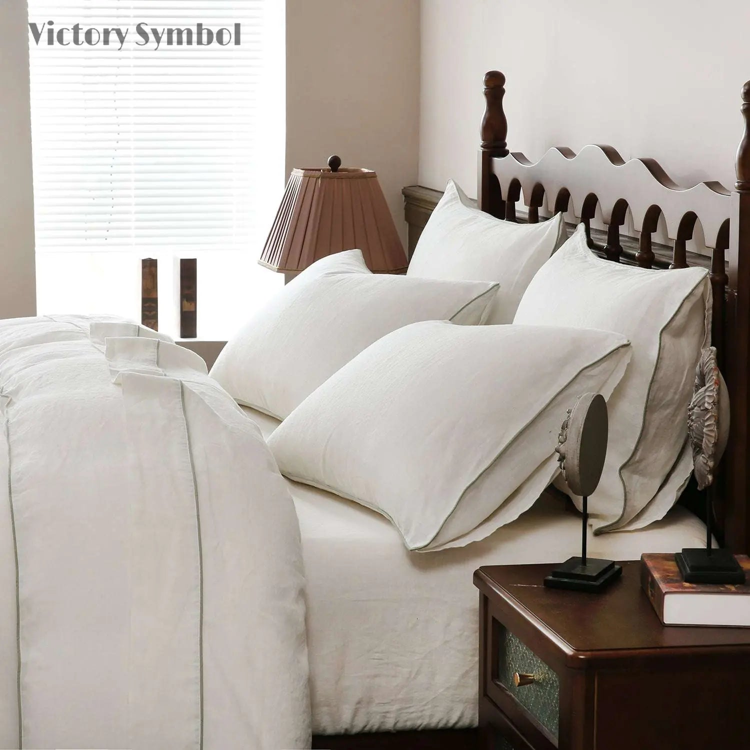 Creamy White With Mint Green Piping 100% Organic Linen Duvet Cover Set - Victory Symbol
