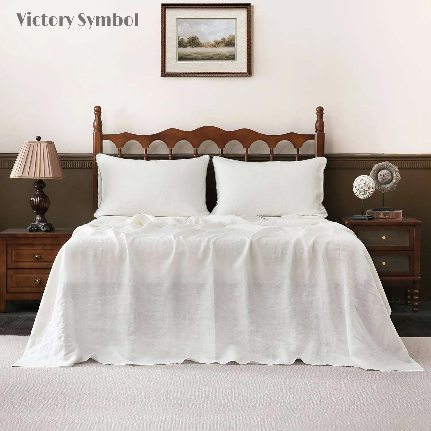 Creamy White With Mint Green Piping 100% Organic Linen Sheets Set.
