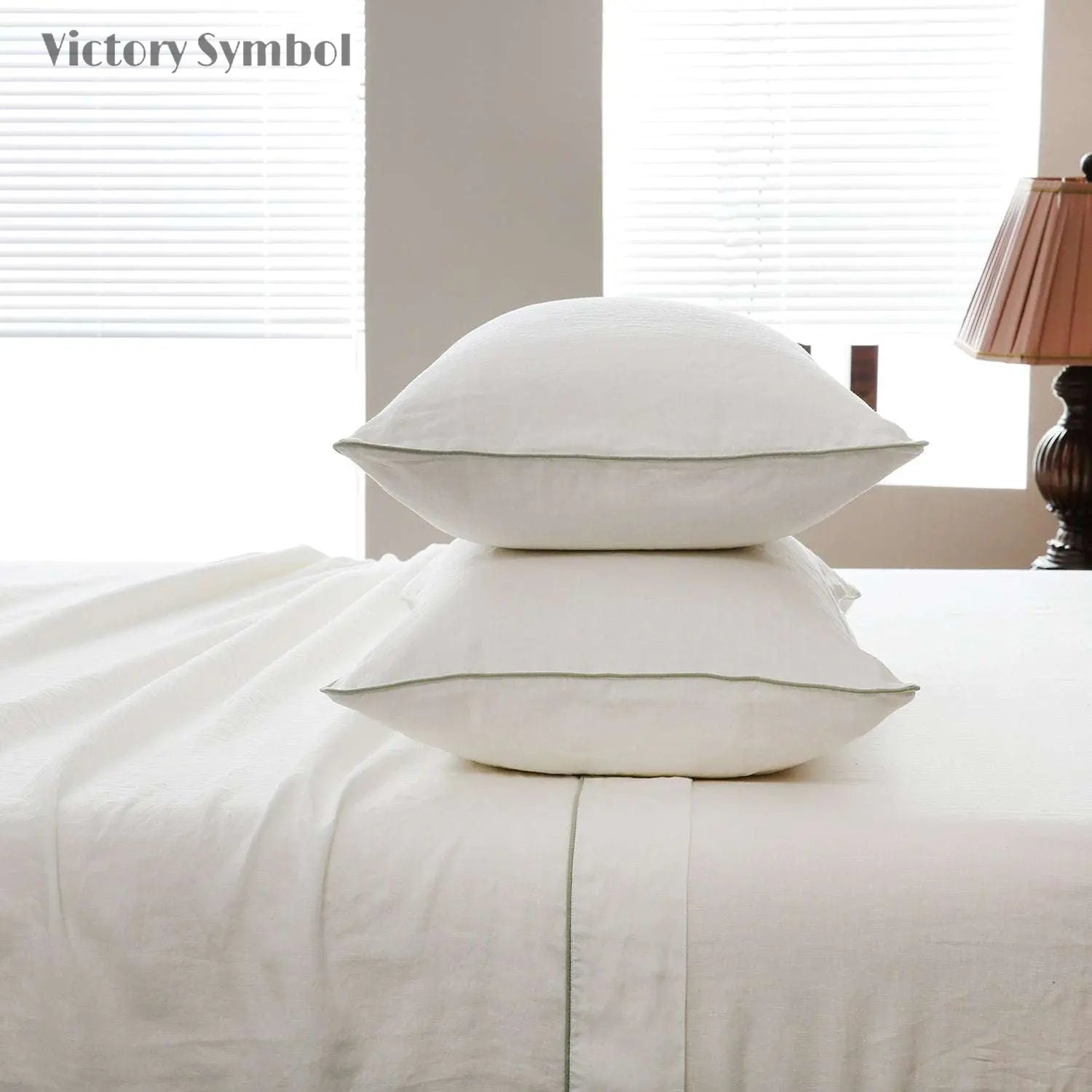 Creamy White With Mint Green Piping 100% Organic Linen Sheets Set - Victory Symbol
