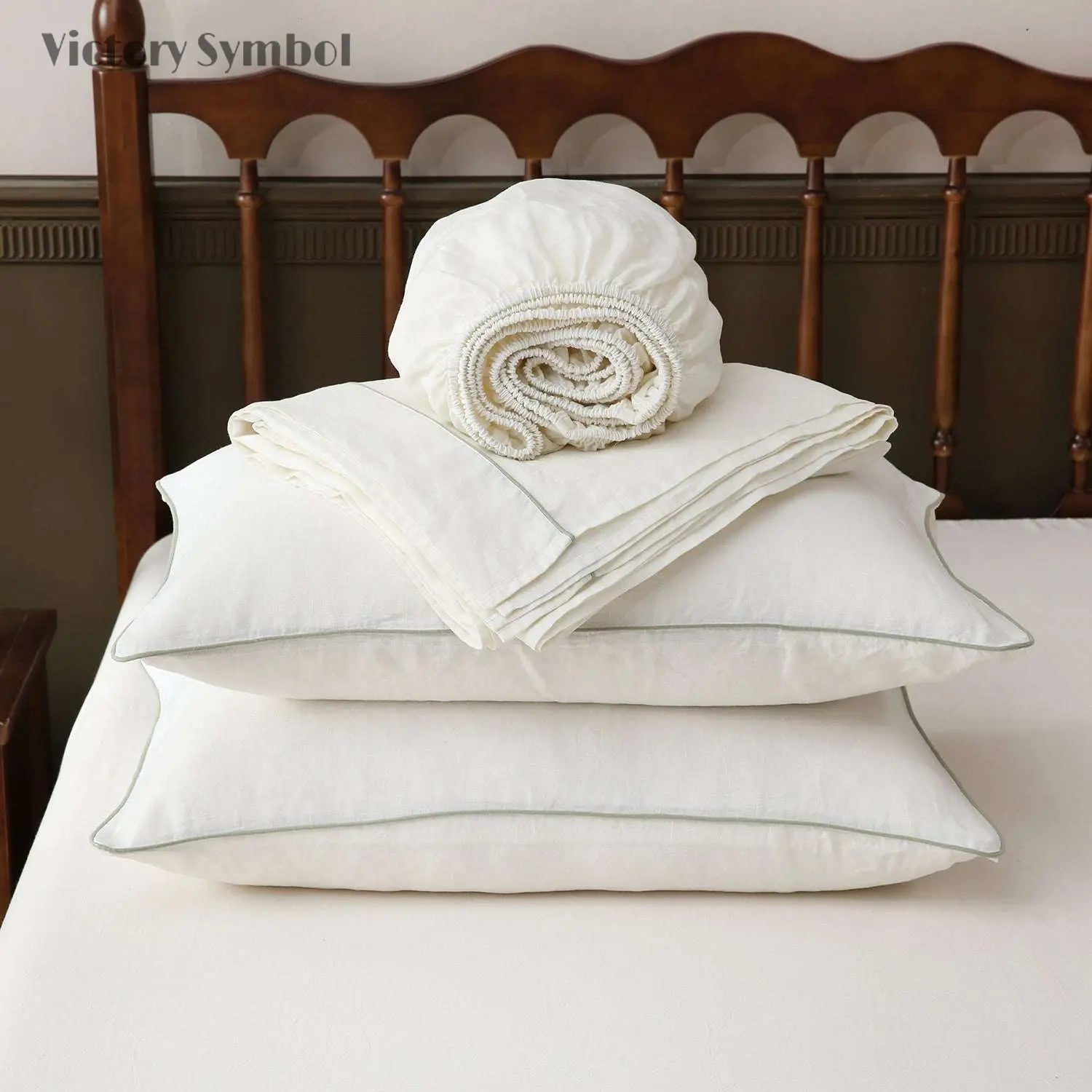 Creamy White With Mint Green Piping 100% Organic Linen Sheets Set - Victory Symbol
