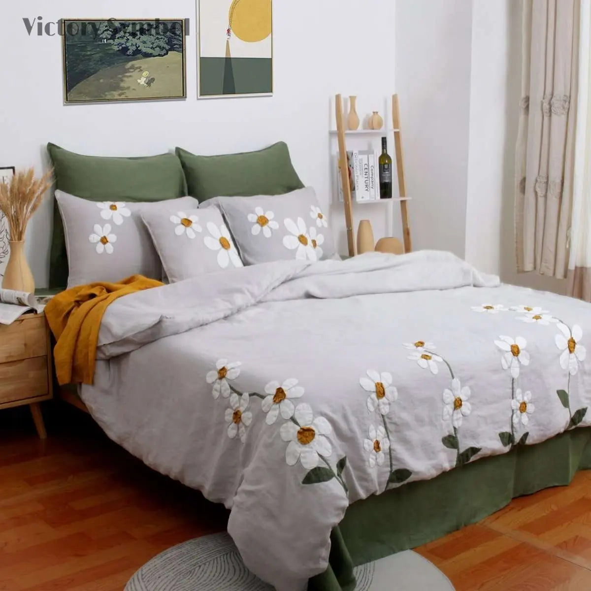 Daisy Applique Embroidery Design 100% Organic Linen Duvet Cover Set - Victory Symbol