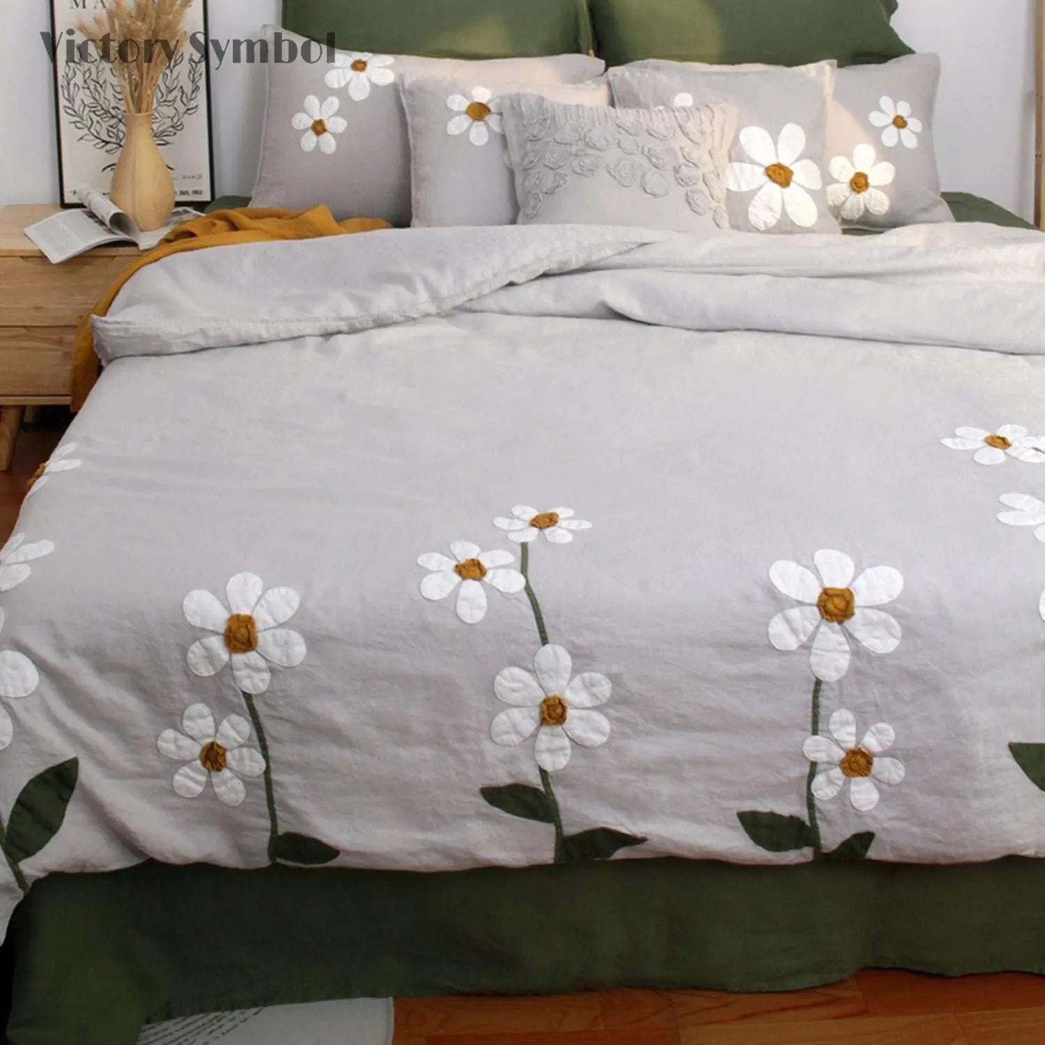 Daisy Applique Embroidery Design 100% Organic Linen Duvet Cover Set - Victory Symbol