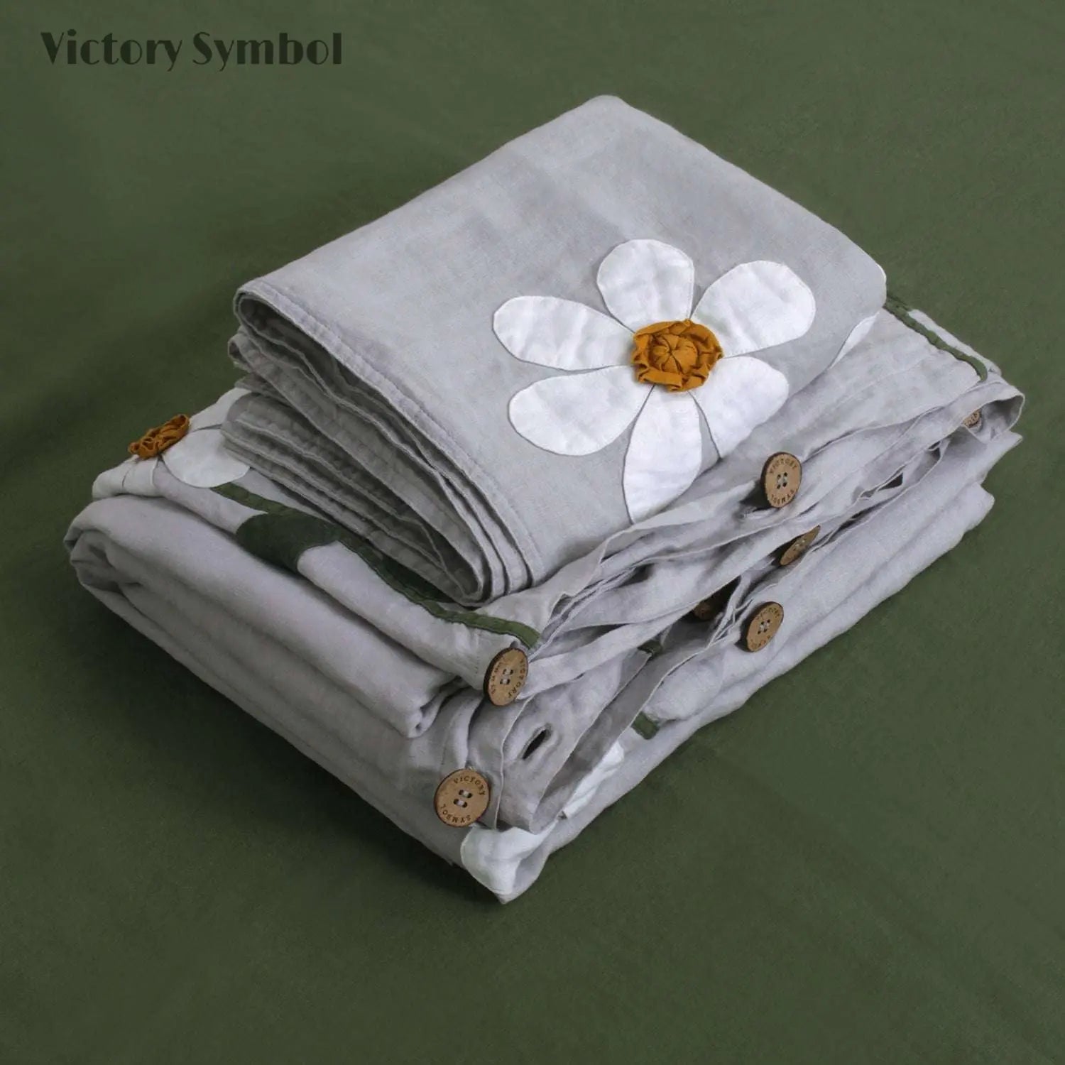 Daisy Applique Embroidery Design 100% Organic Linen Duvet Cover Set - Victory Symbol