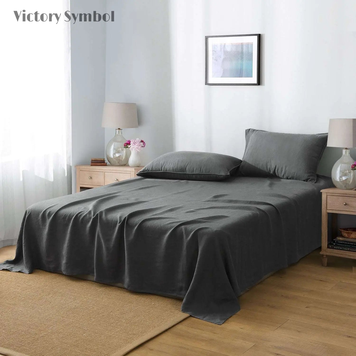 Dark Gray 100% Organic Linen Sheets Set-VICTORY SYMBOL