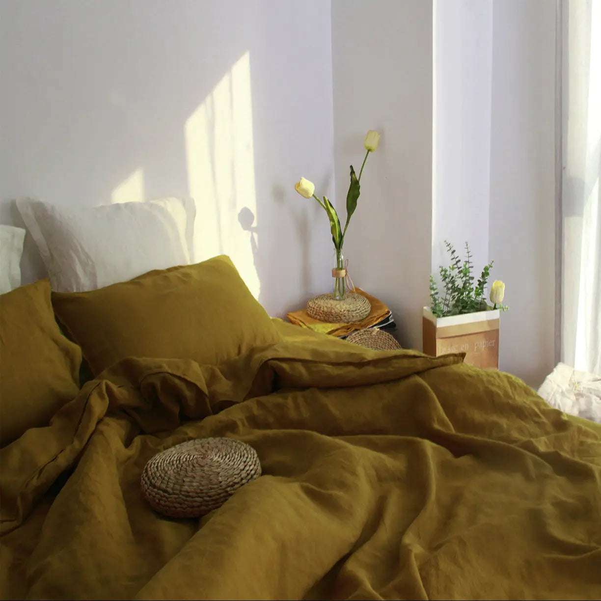 Dark Olive Green 100% Organic Linen Duvet Cover Set-victory symbol